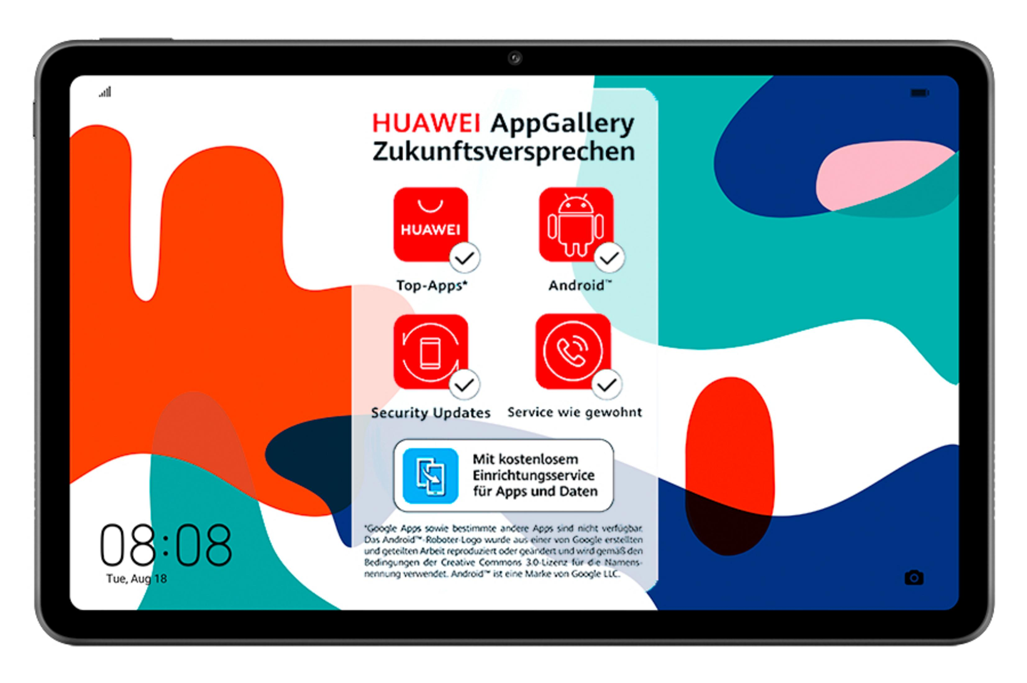 Tablet mit Huawei AppGallery-Werbung. Rote, orange und weiße App-Symbole.