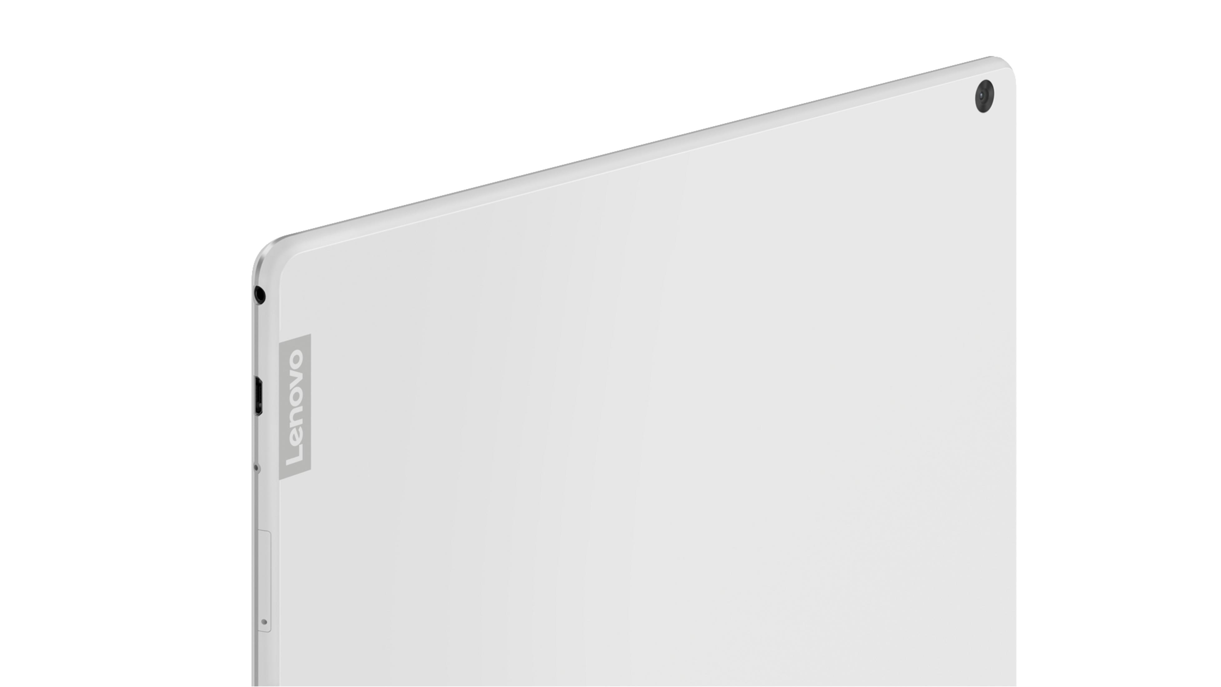 Biały tablet, pokazujący bok z logo Lenovo. Tył jest biały.