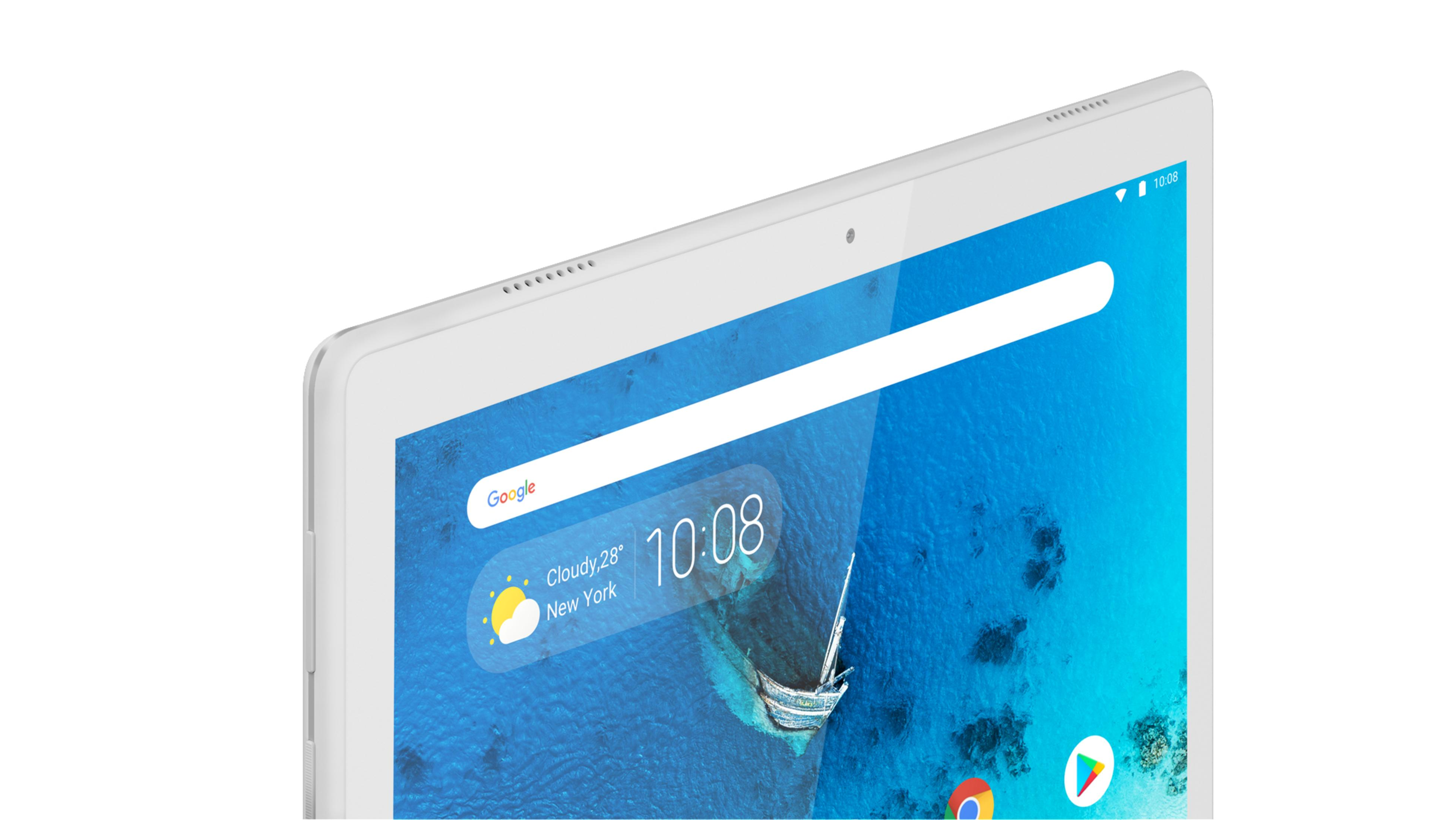 Biały tablet z niebieską scenerią wodną, godziną i pogodą.