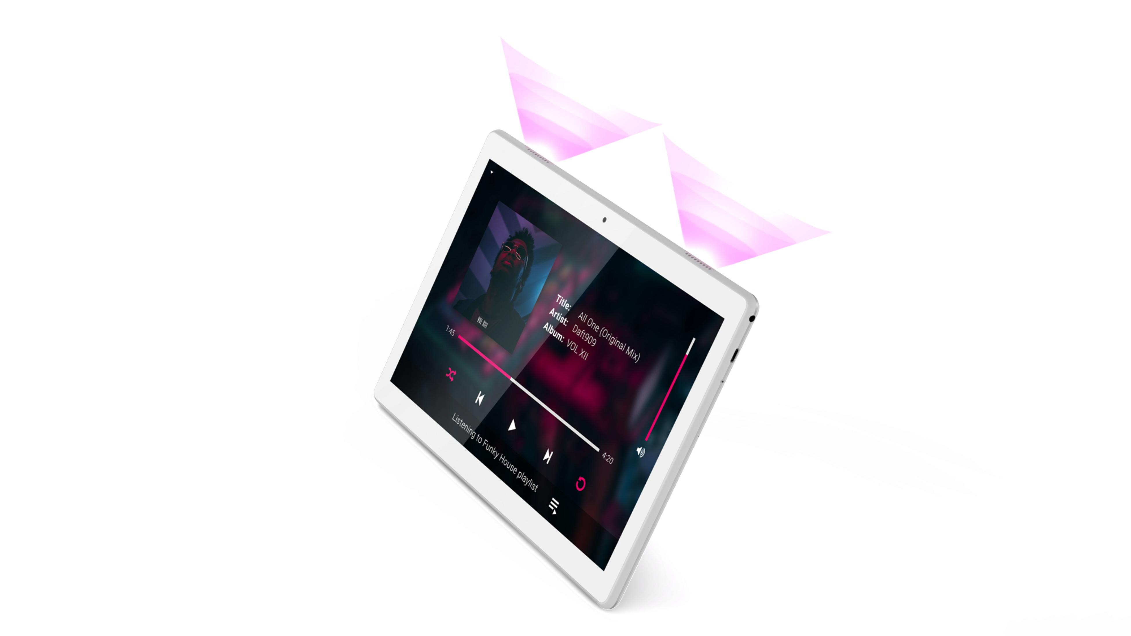 Tablet wyświetlający listę odtwarzania muzyki, z różowymi promieniami światła wokół niego.