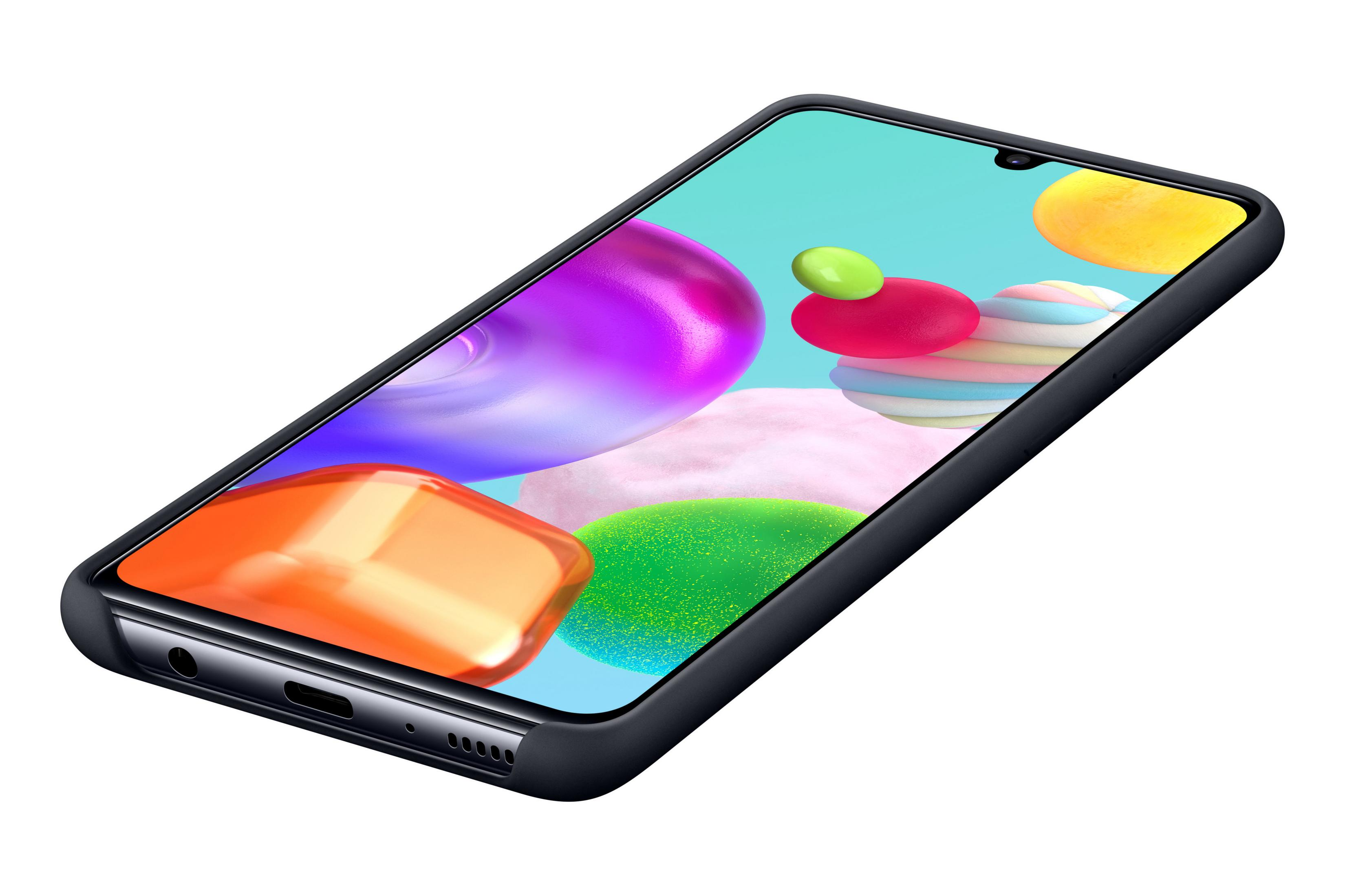 Een zwarte telefoon met een scherm met kleurrijke abstracte vormen op een witte achtergrond.