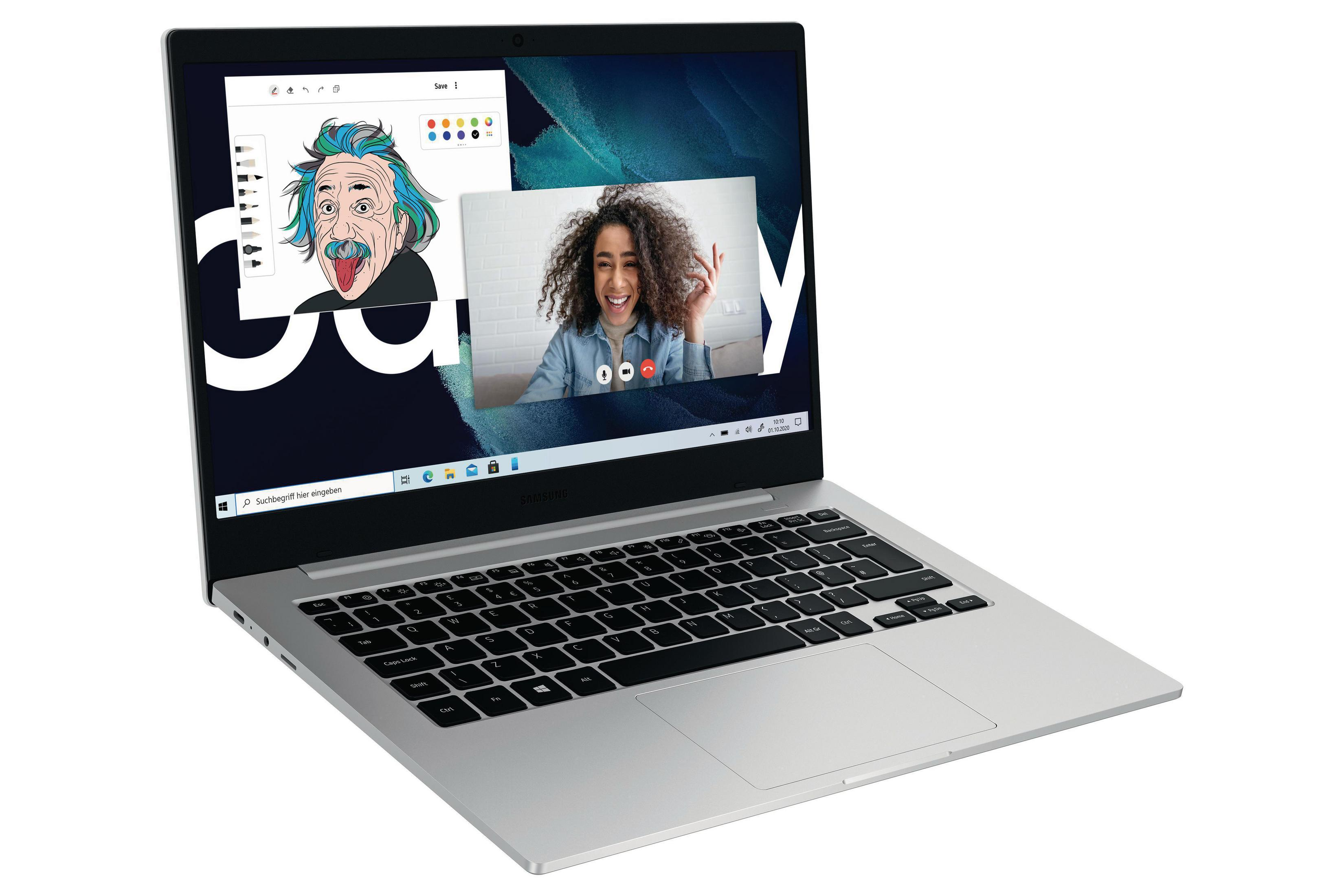 Ein silberner Laptop geöffnet, der einen Videoanruf mit einer Frau und einer Karikatur eines Mannes zeigt.