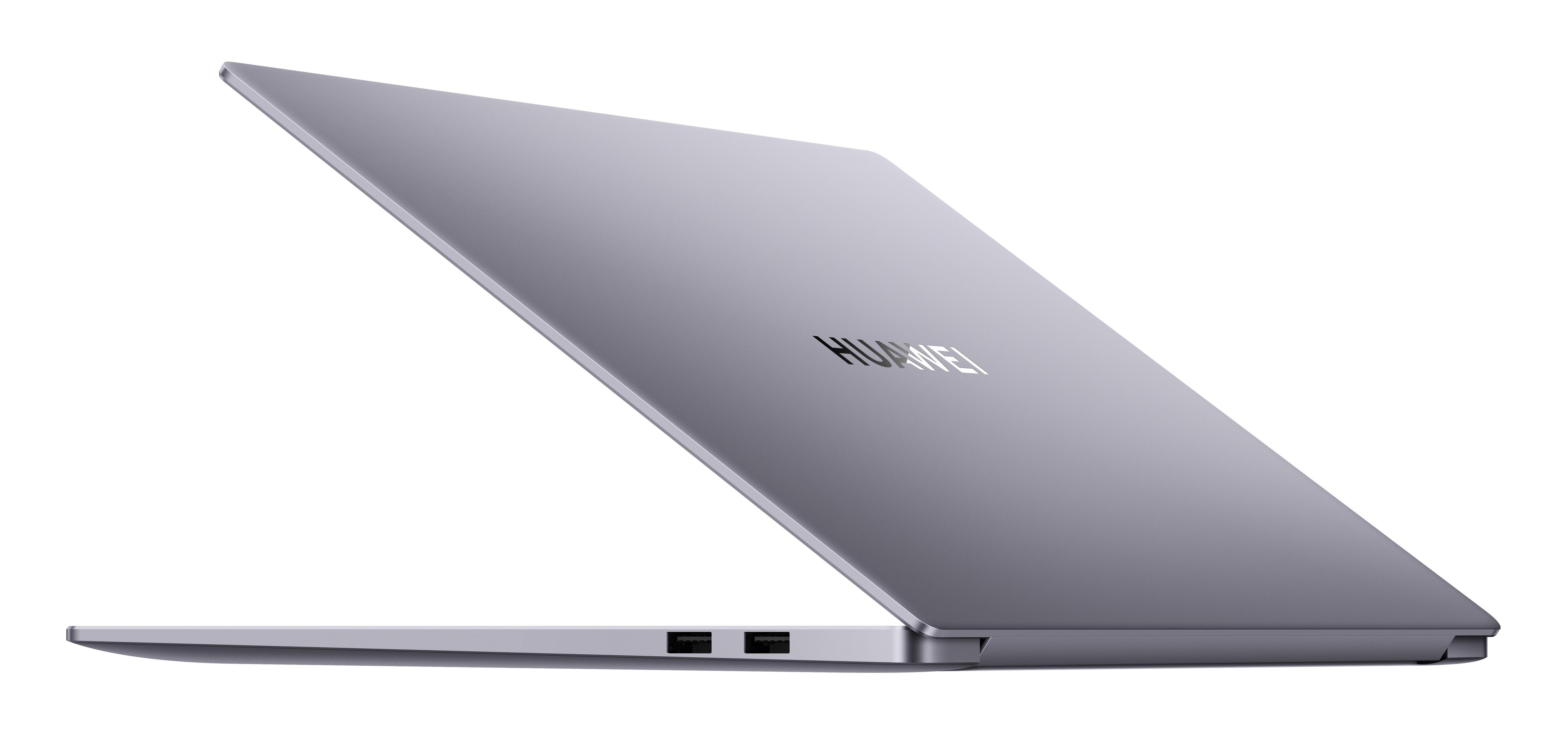 Silberner Laptop mit Huawei-Logo, leicht geöffnet.