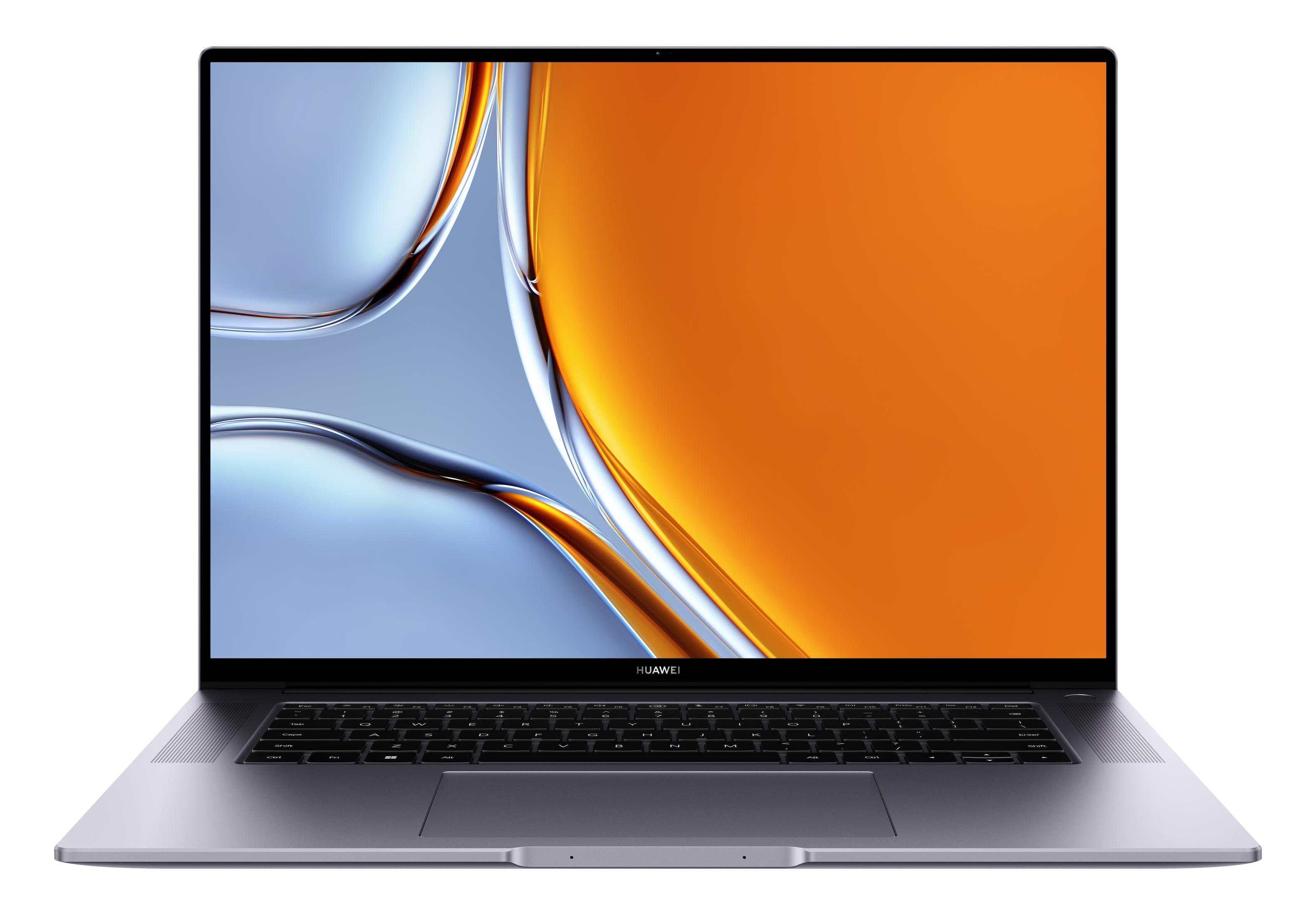 Ein silberner Laptop mit orangefarbenem Bildschirm, geöffnet auf weißem Hintergrund. Marke Huawei.