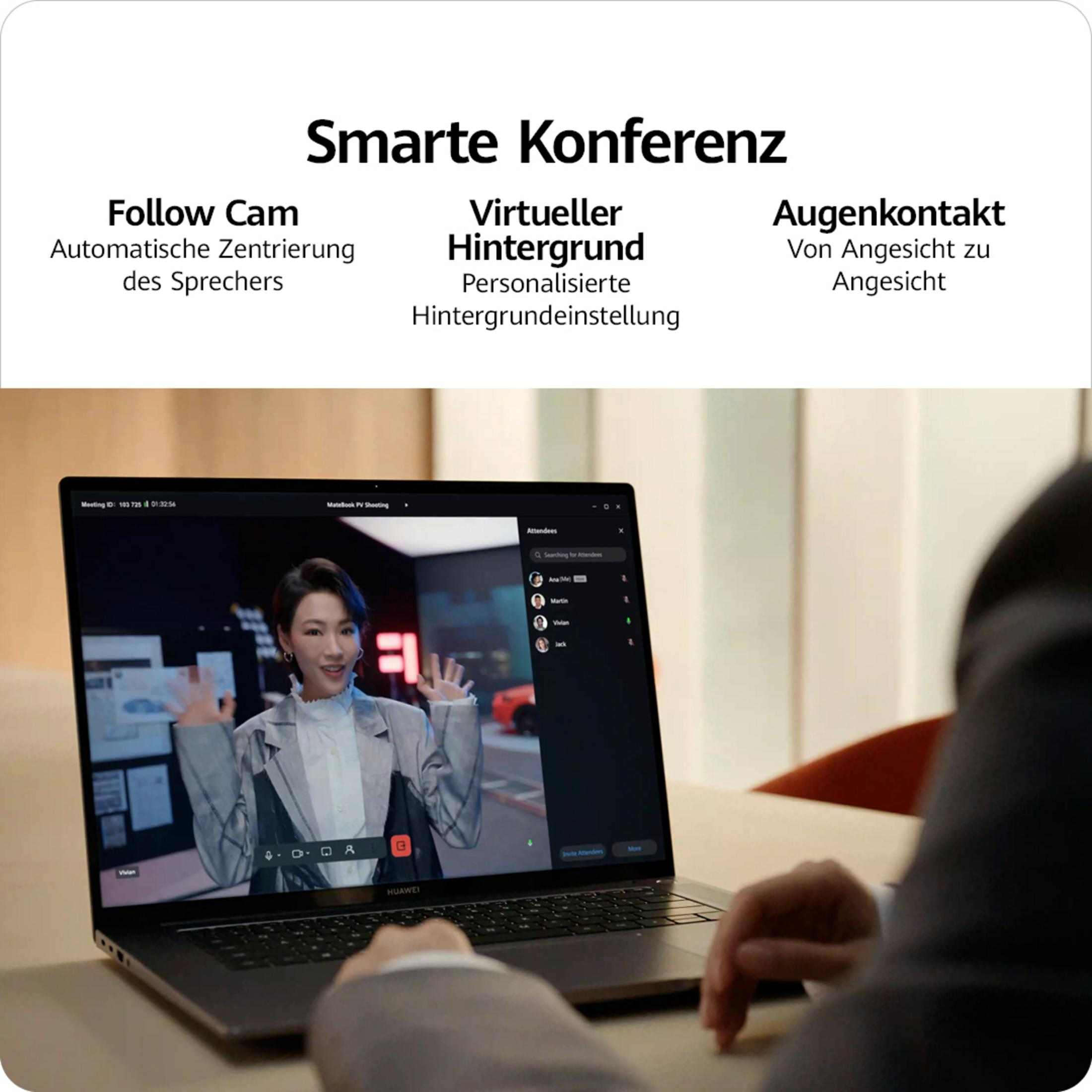 Laptop-Bildschirm mit Videoanruf. Textbeschriftungen: Follow Cam, Virtueller Hintergrund, Blickkontakt.