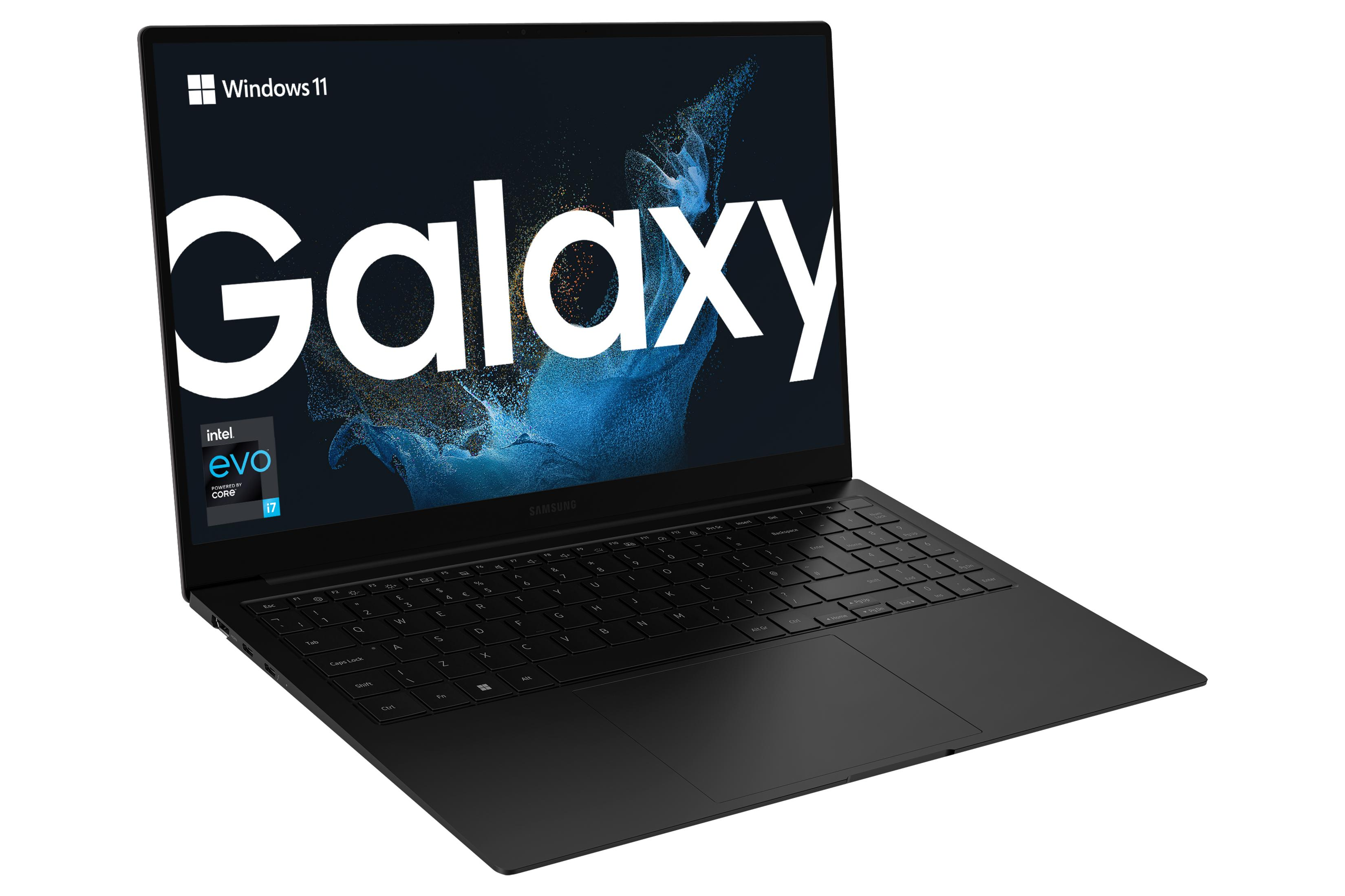 Schwarzer Laptop mit dem Wort 'Galaxy' auf dem Bildschirm, Windows 11 Logo.
