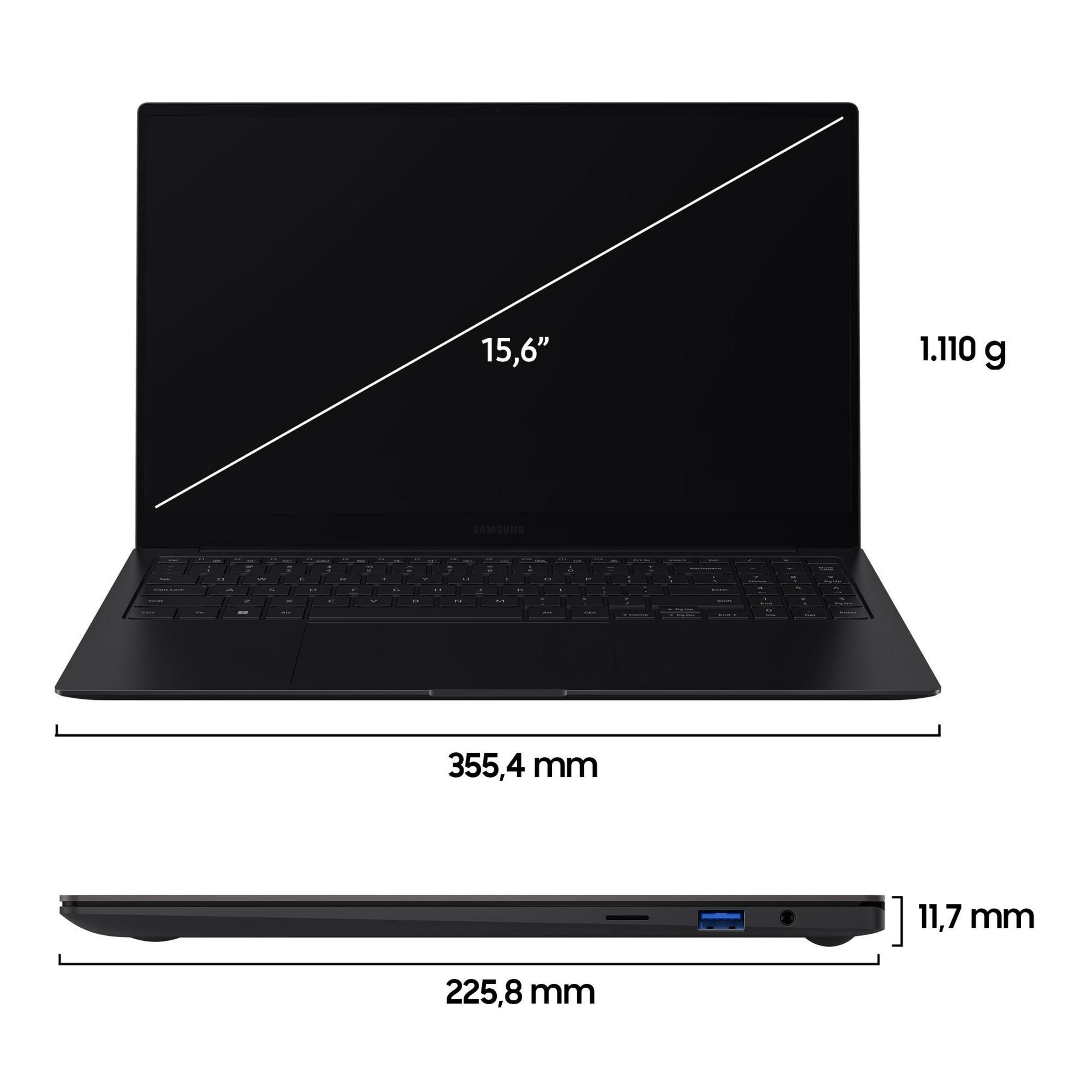 Schwarzer Laptop mit Abmessungen und Größenangaben auf weißem Hintergrund, Ansichten.