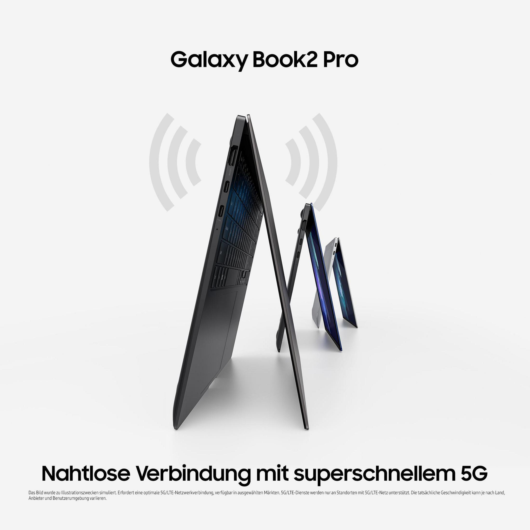 Drei Laptops zeigen das Galaxy Book2 Pro auf weißem Hintergrund.