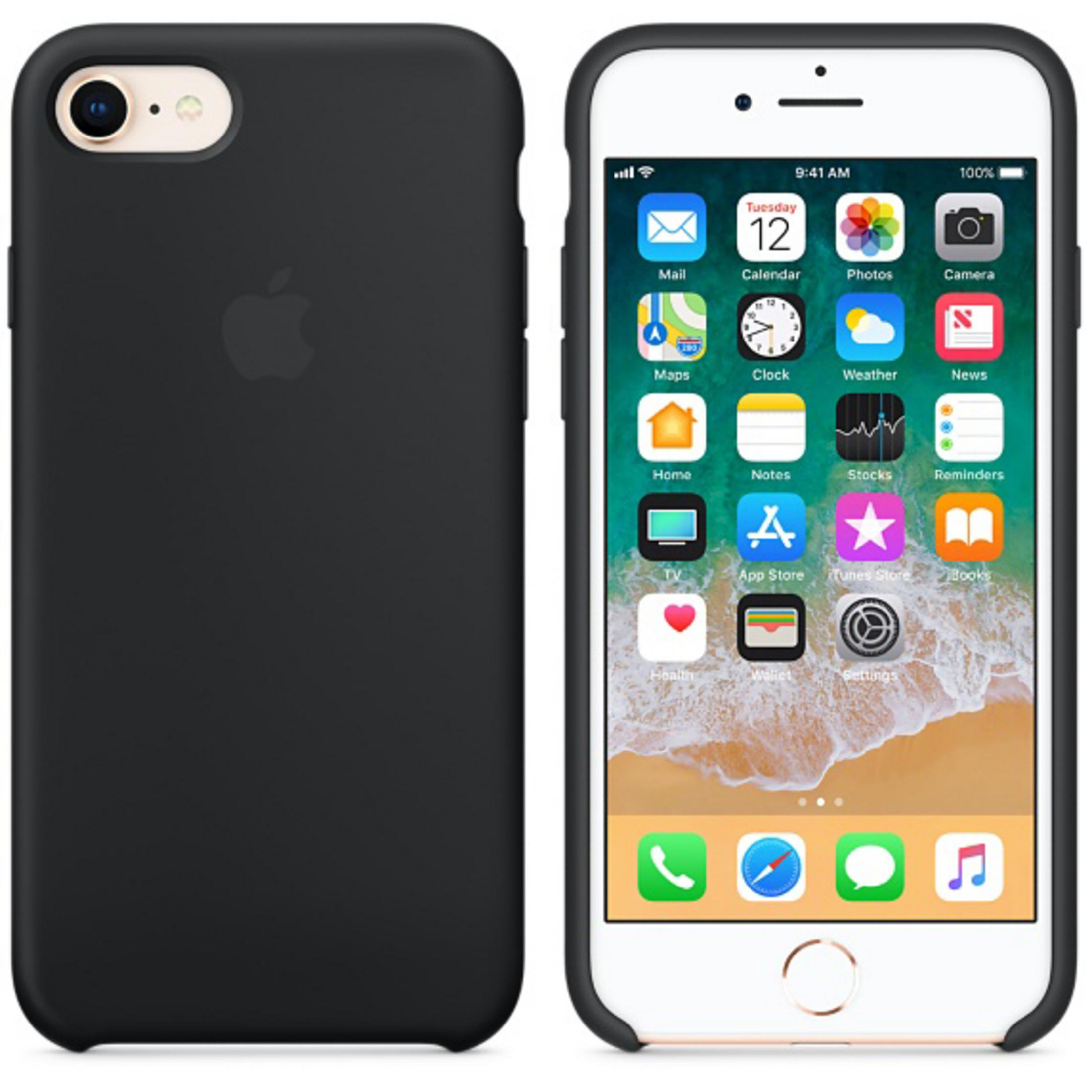 Black phone case and white iPhone with a screen displaying apps.