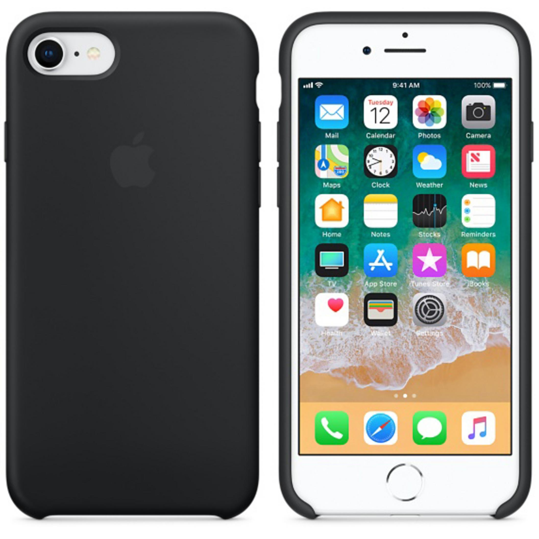 A black iPhone with the Apple logo on the back and the home screen displayed on front.
