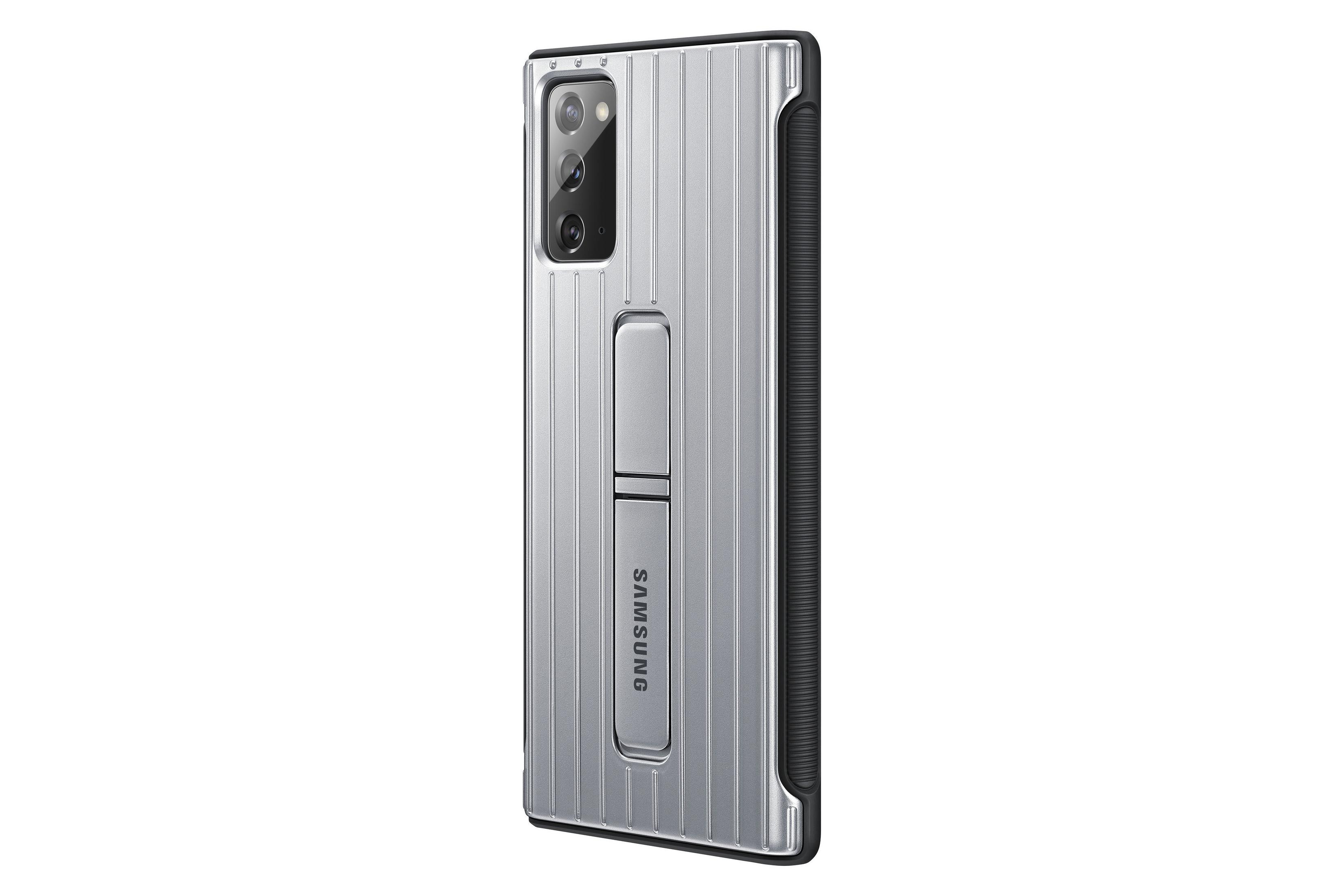 Eine silberne Samsung-Handyhülle mit einem Ständer. Die Hülle hat ein geripptes Design und ein Samsung-Logo.