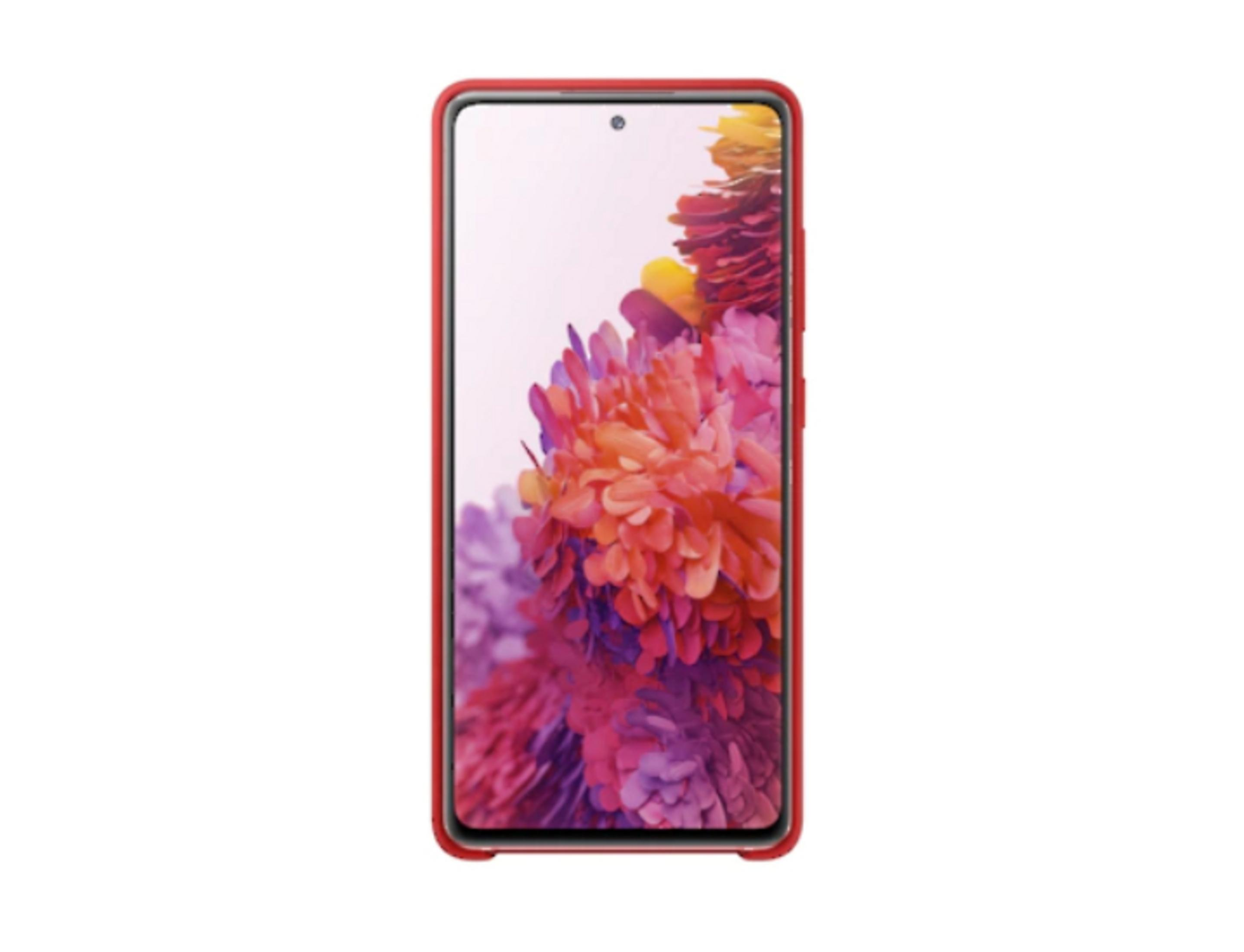 Ein rotes Telefon mit blumigem Hintergrundbild, in einer roten Hülle.
