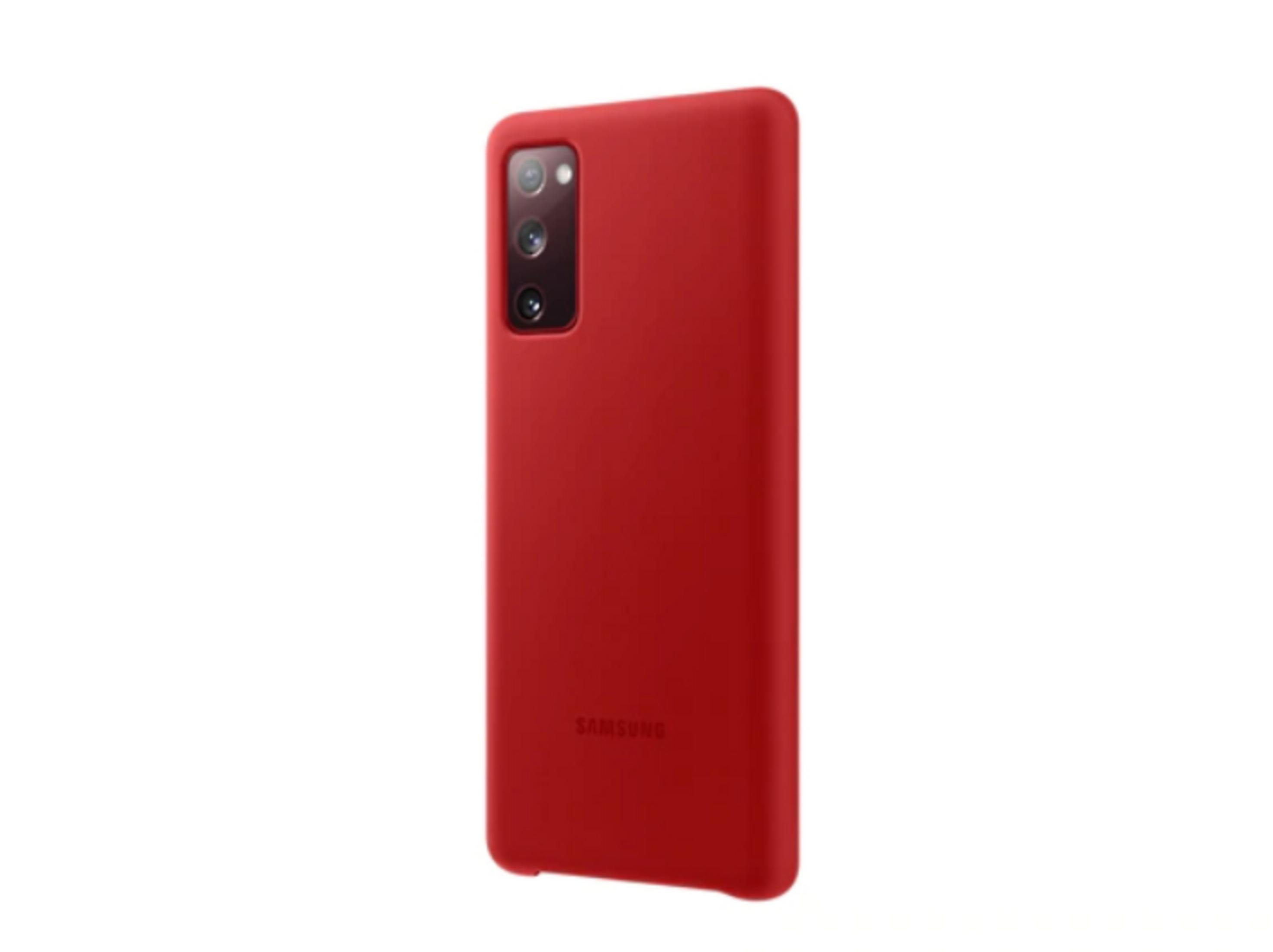 Eine rote Handyhülle mit dem Samsung-Logo auf der Rückseite, vor weißem Hintergrund.