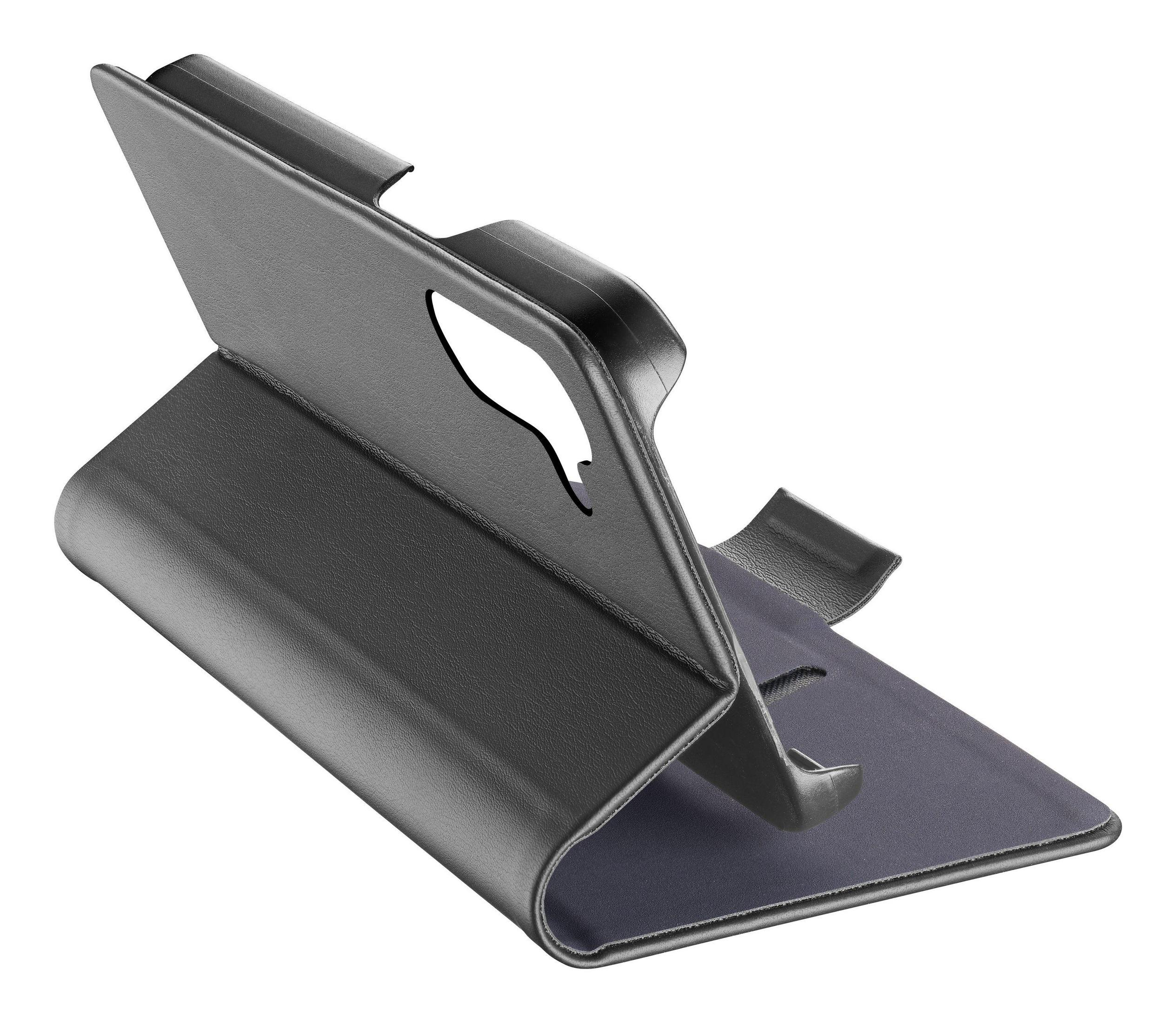 Una custodia nera per tablet, aperta e angolata. La custodia ha una trama simile alla pelle e un interno scuro.