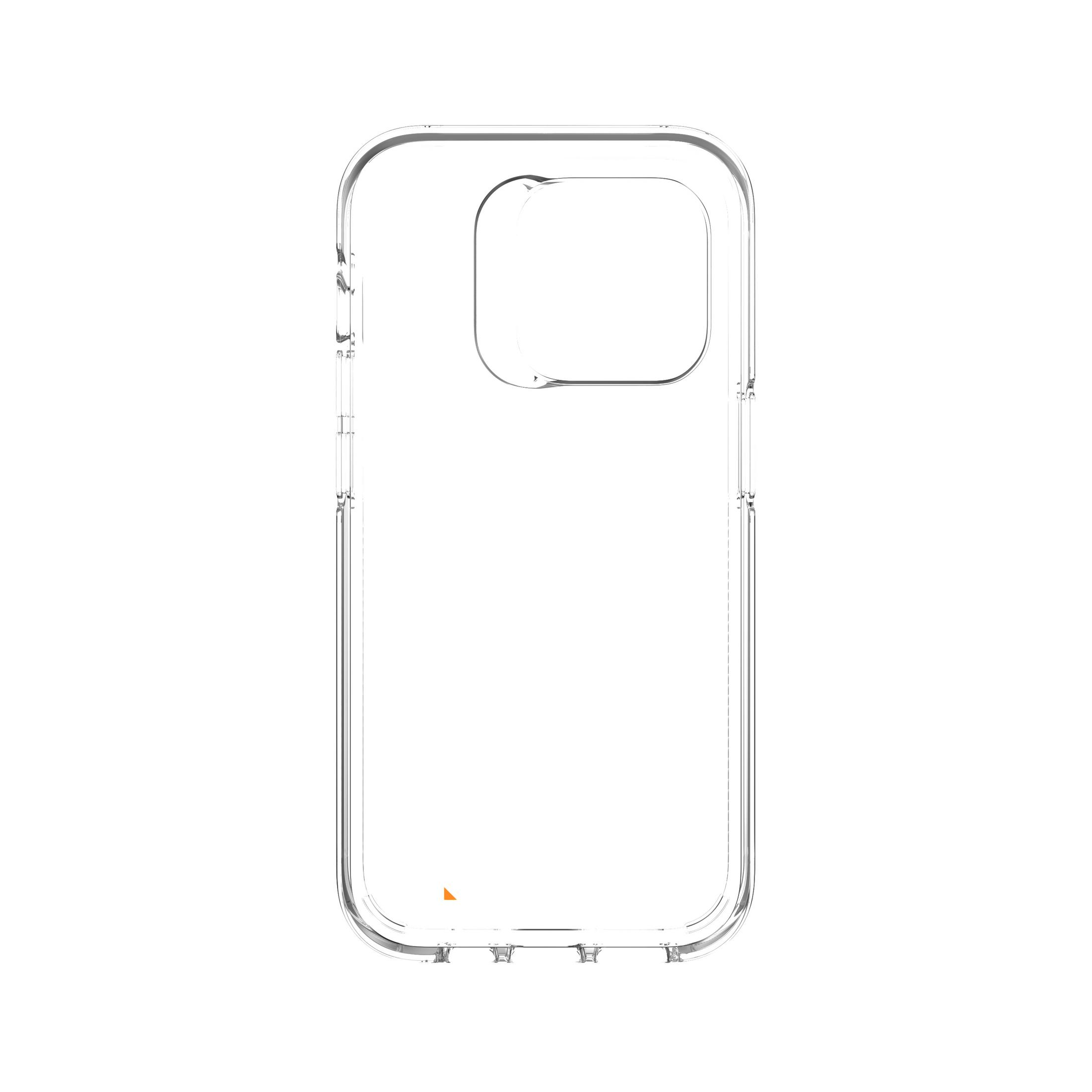 Custodia trasparente per telefono. La custodia ha un ritaglio per la fotocamera ed è su sfondo bianco.