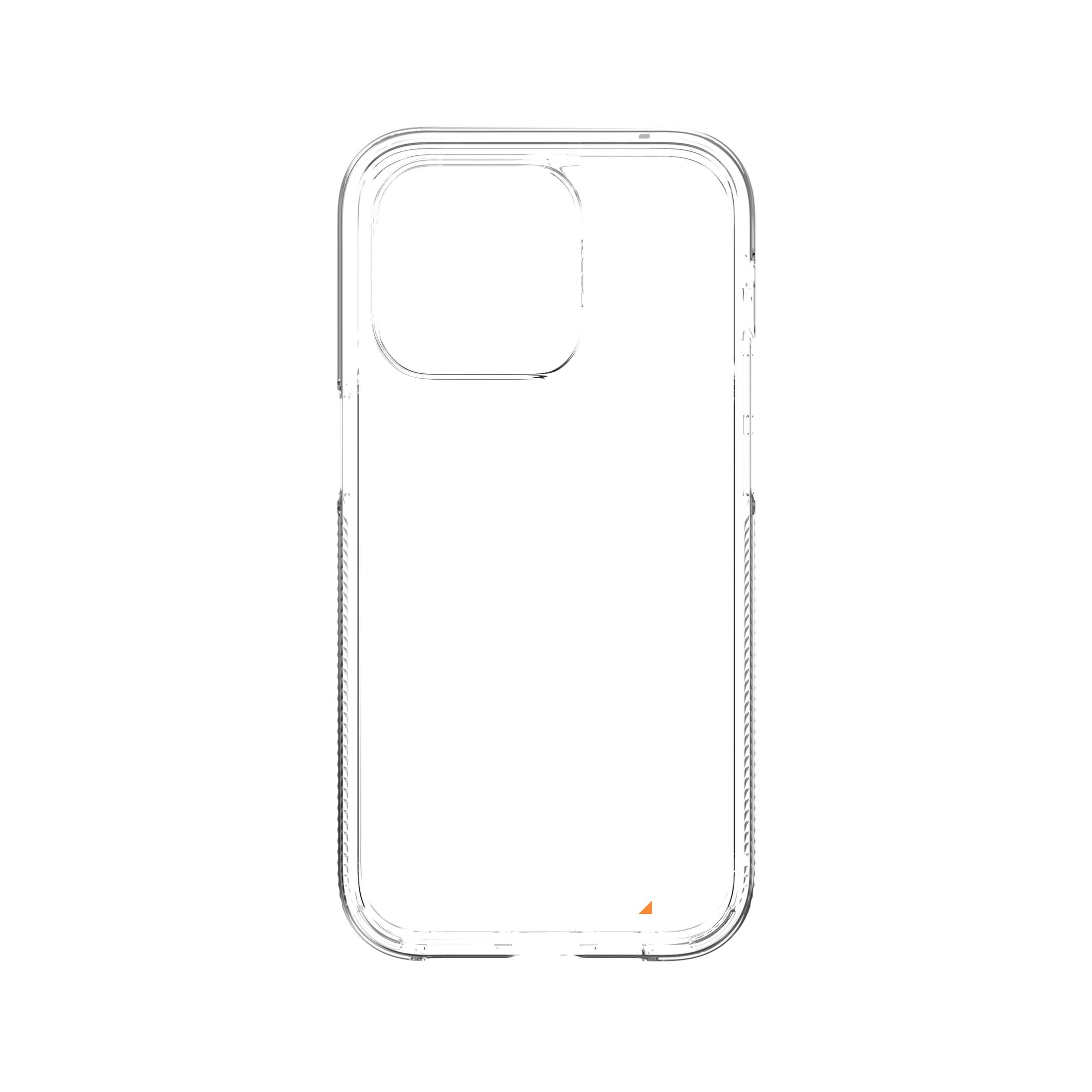 Una custodia trasparente per telefono con un accento arancione, mostrata su uno sfondo bianco.