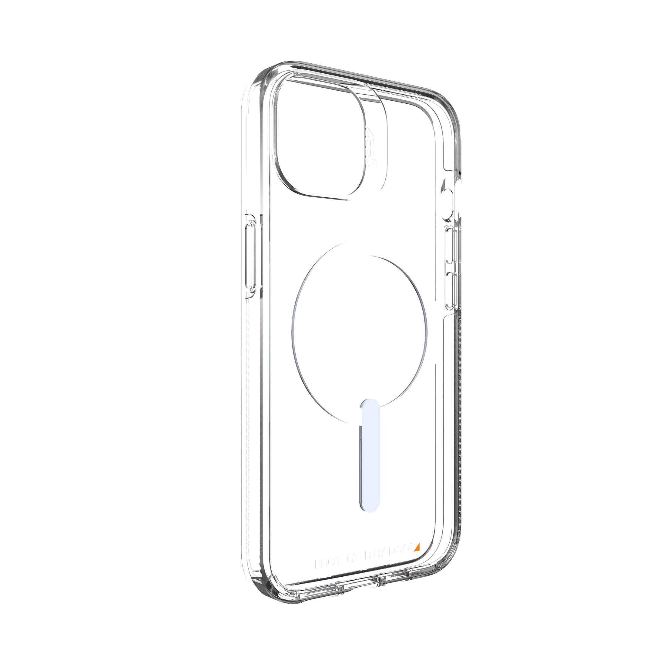 Transparente Handyhülle mit Kreis für Ladegerät, weißer Hintergrund.