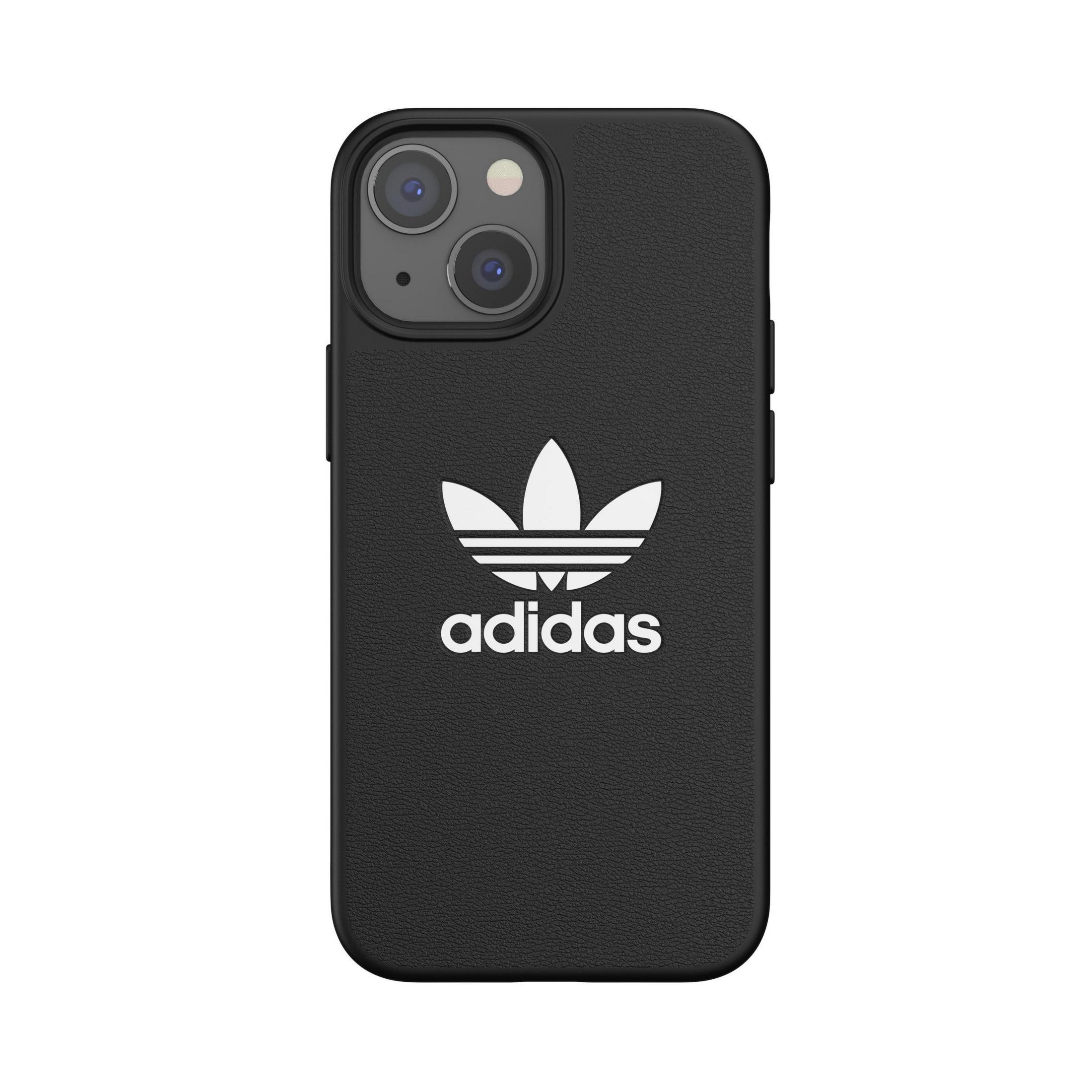 Custodia nera per telefono con logo Adidas bianco sul retro.