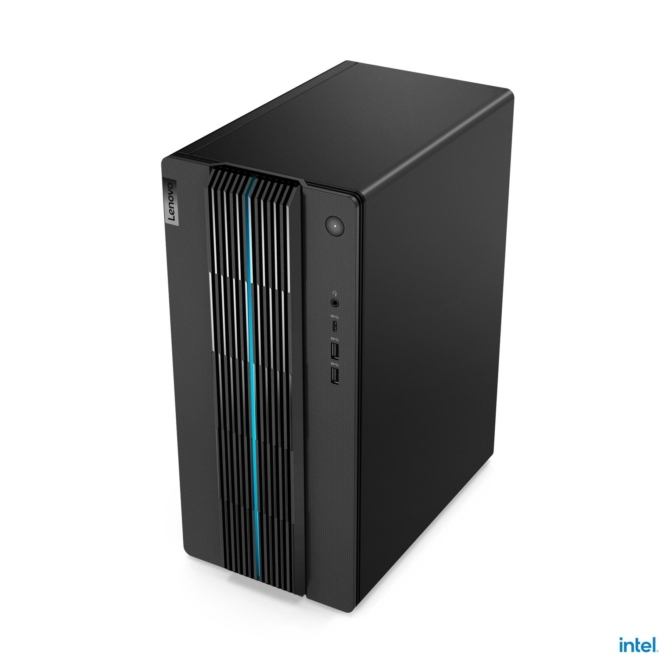 Ein schwarzer Lenovo-Desktop-Computer mit blauen Akzenten auf weißem Hintergrund.