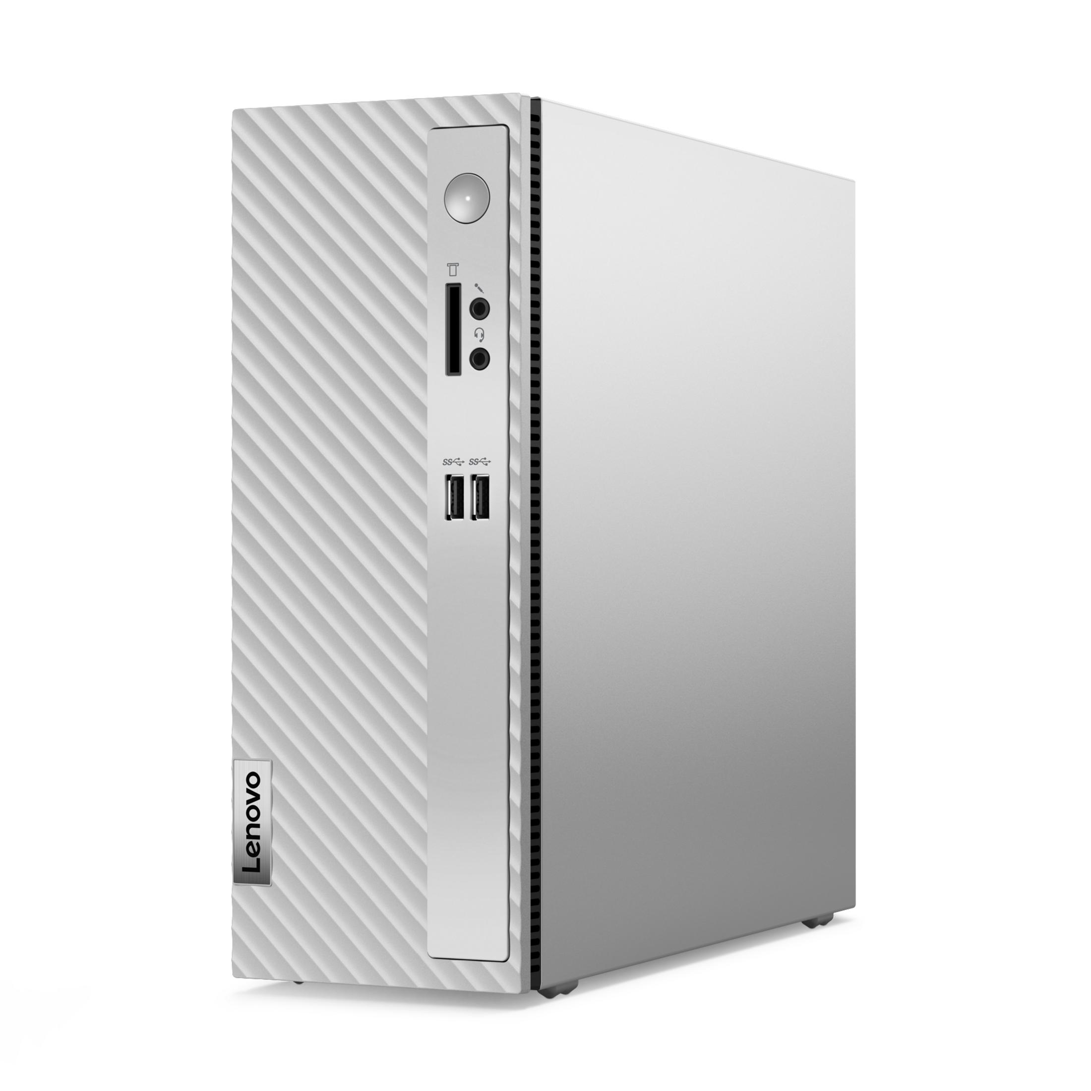 Ein silberner Lenovo-Desktop-Computer, Vorderansicht, isoliert auf Weiß. Lenovo-Logo ist sichtbar.