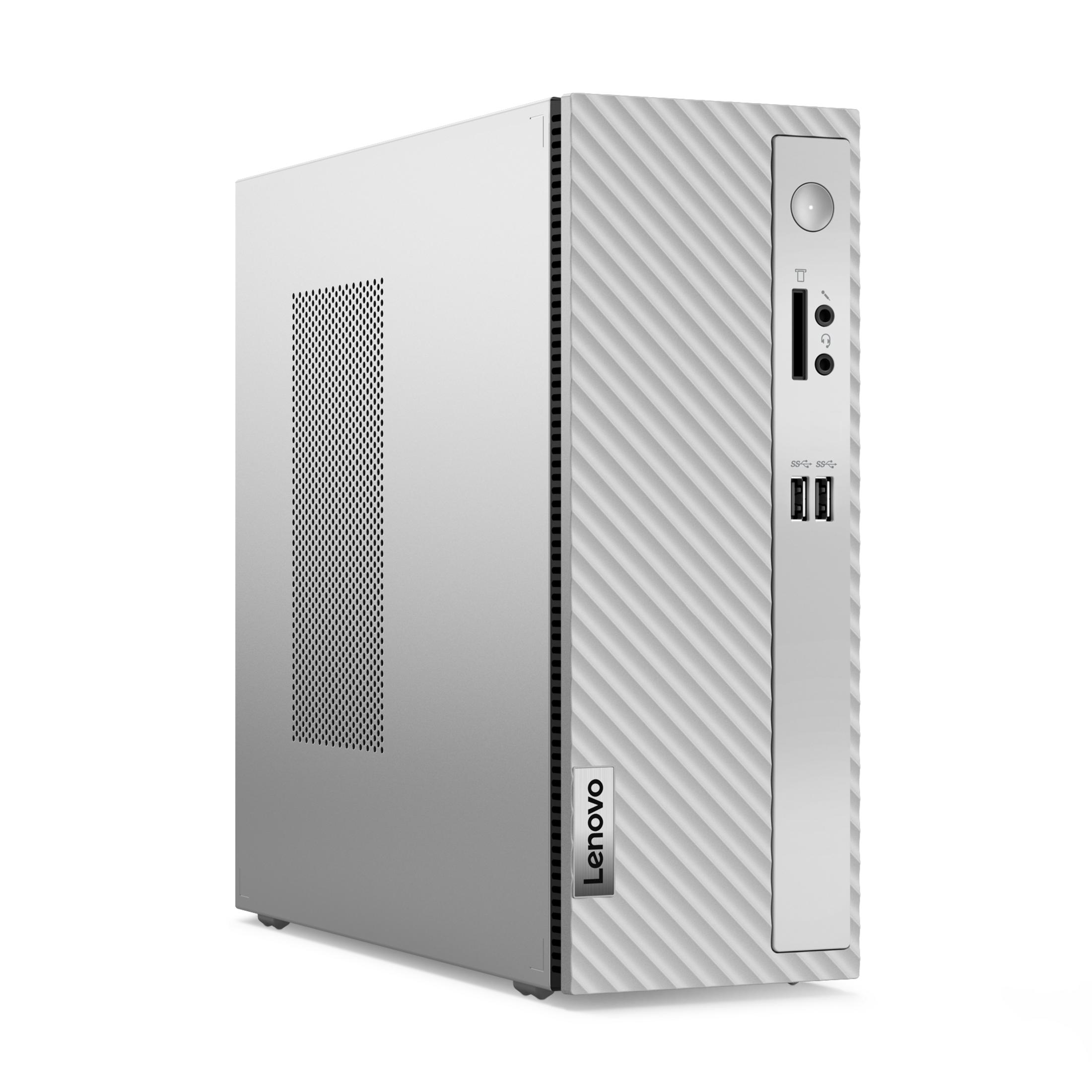 Silberner Lenovo Desktop-Computer mit geriffeltem Frontpanel-Design.