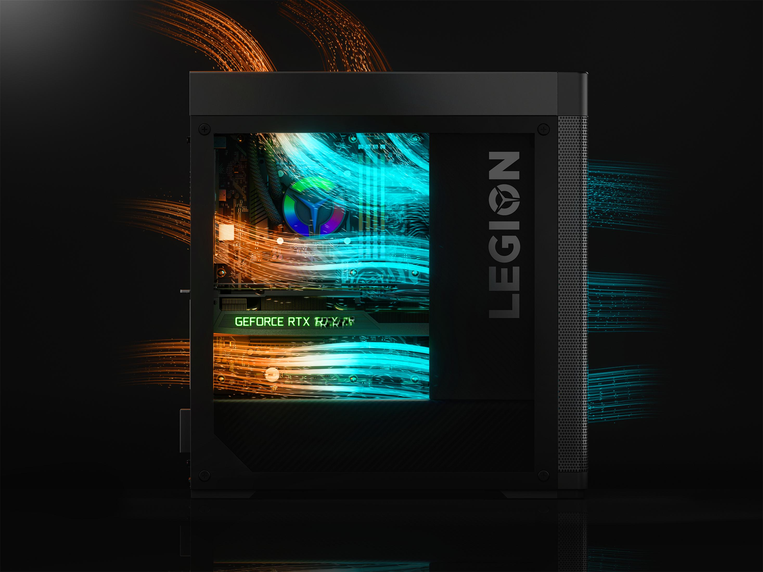 Czarny komputer z widocznymi komponentami wewnętrznymi i oświetleniem.