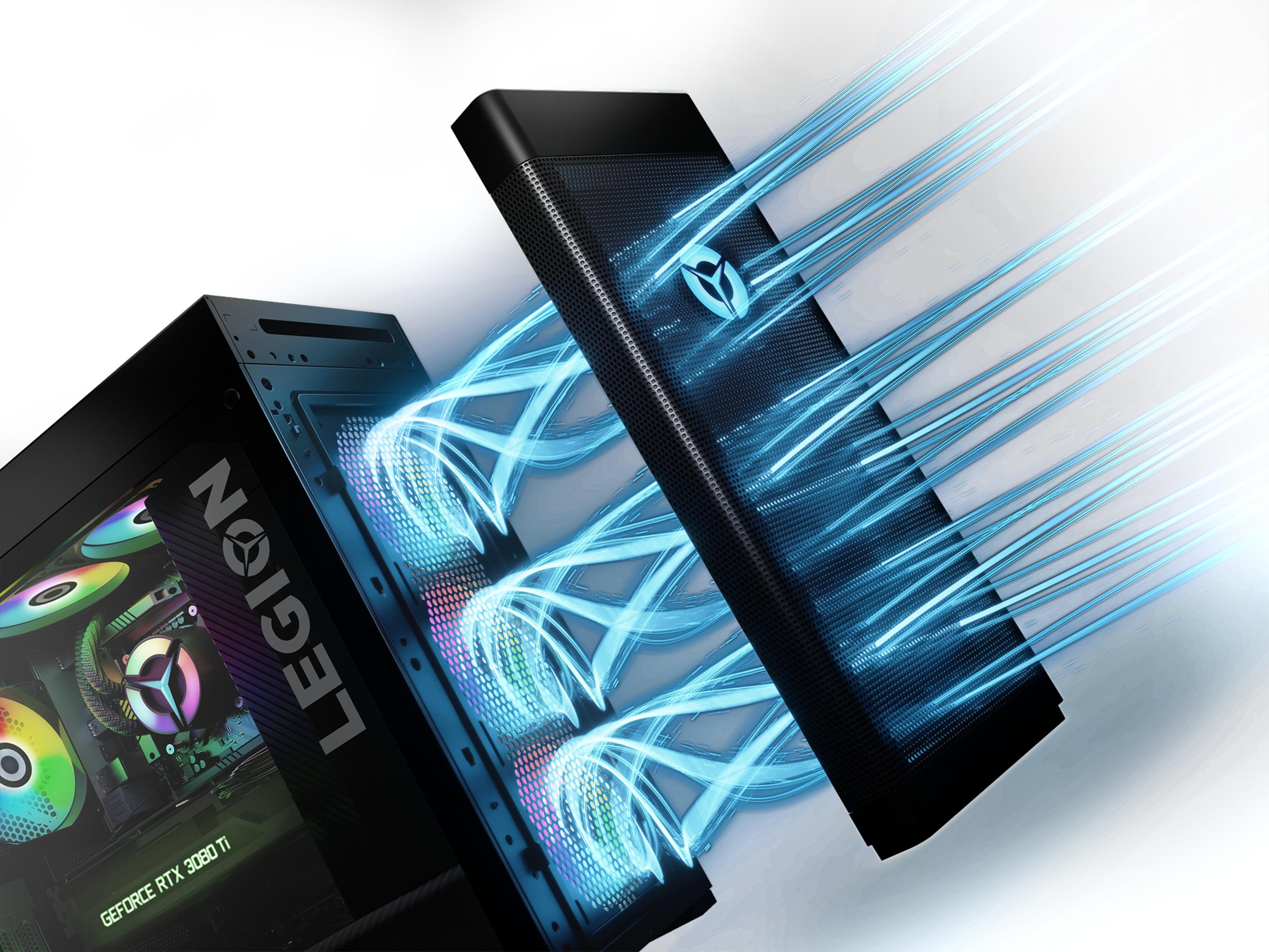 Obudowa komputera z wentylatorem. Niebieskie światło wydobywa się z wnętrza i wokół wentylatora.