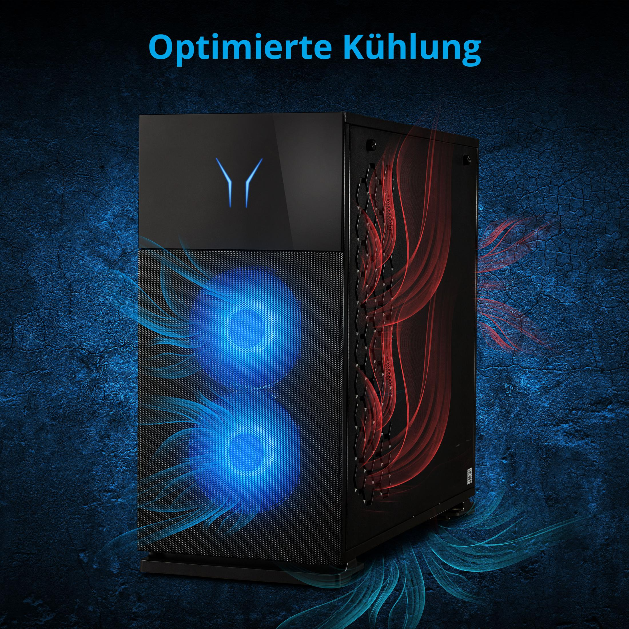 Case PC nero con ventole blu. Il testo in alto dice 'Optimierte Kühlung'.