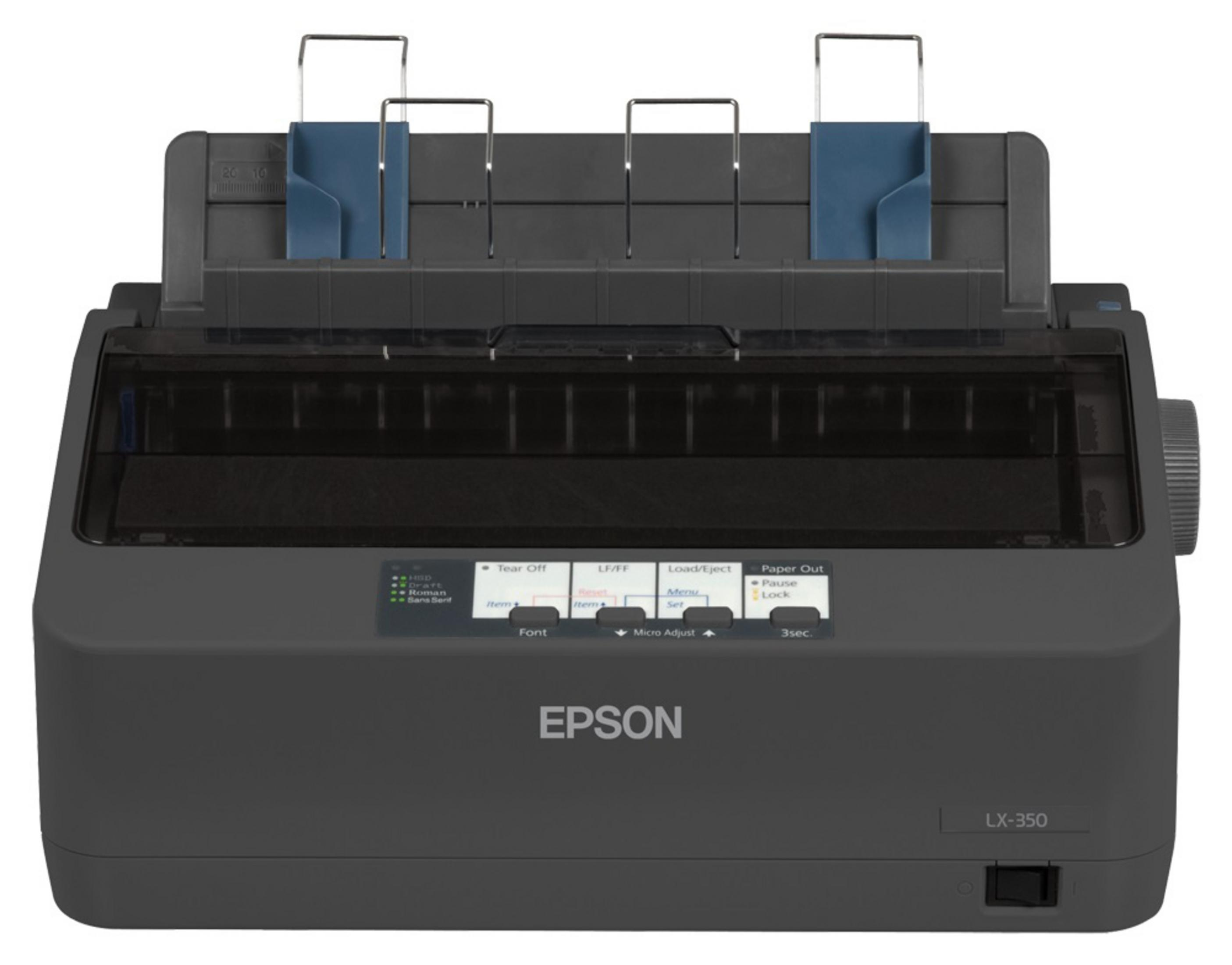 Dark gray Epson LX-350 dot matrix printer with blue paper guides.