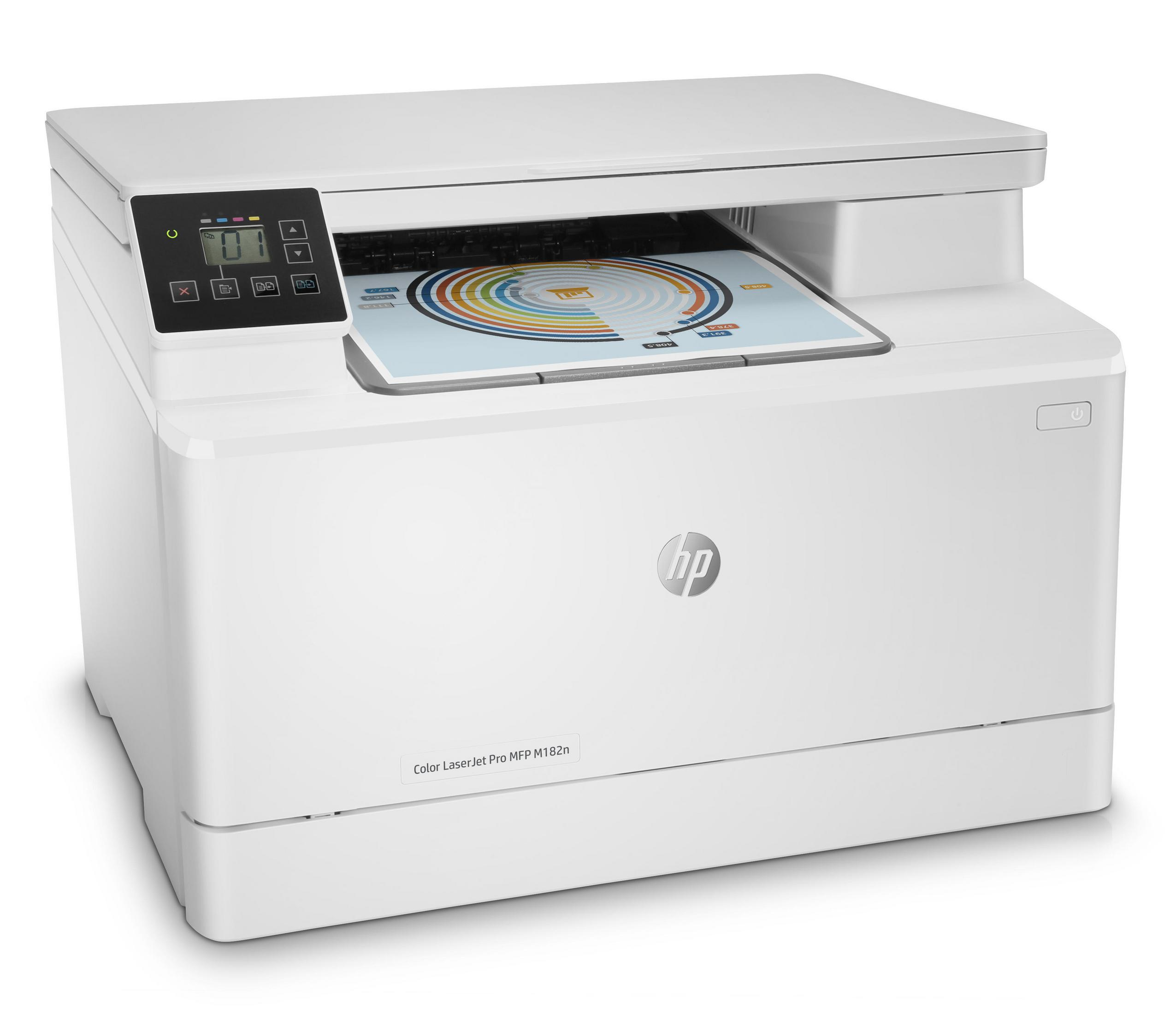 Witte HP kleurenlaserprinter. Bovenkant heeft display en knoppen. Witte achtergrond.