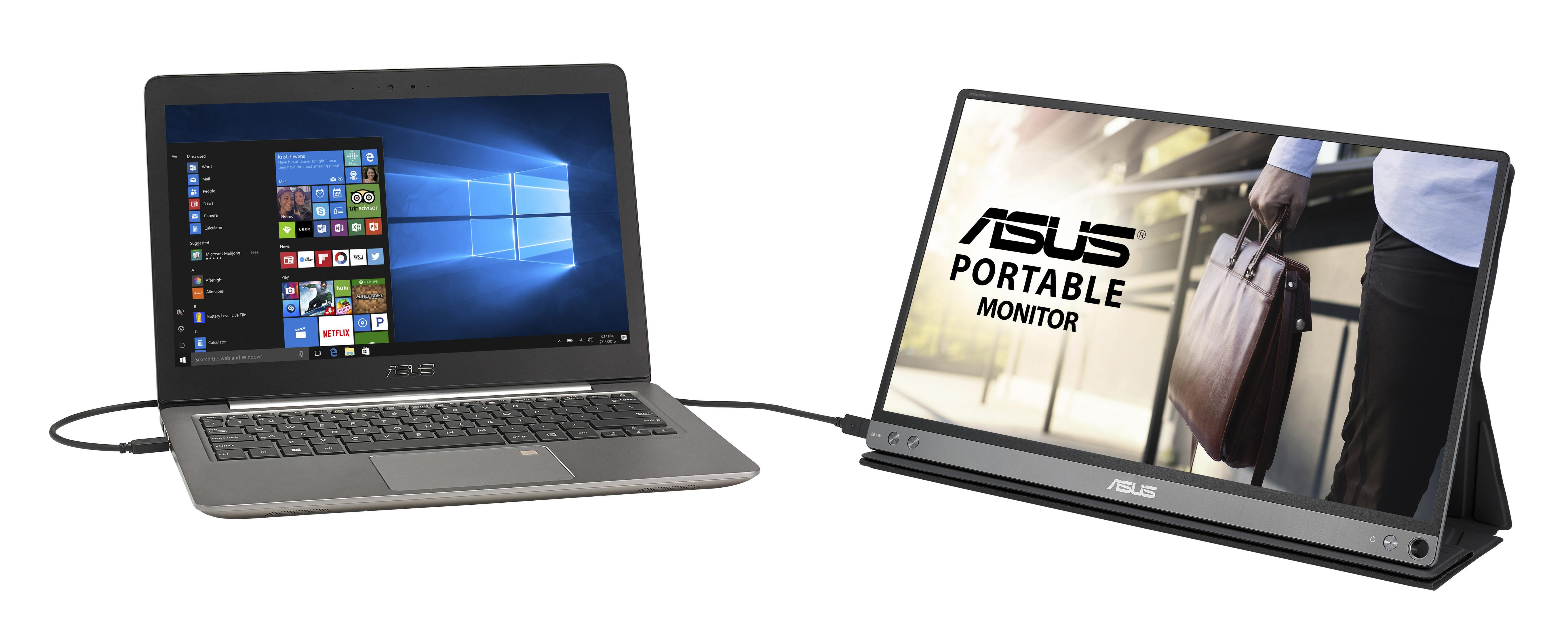 Un laptop collegato a un monitor portatile. Il monitor mostra un'immagine. Il laptop mostra un desktop Windows.