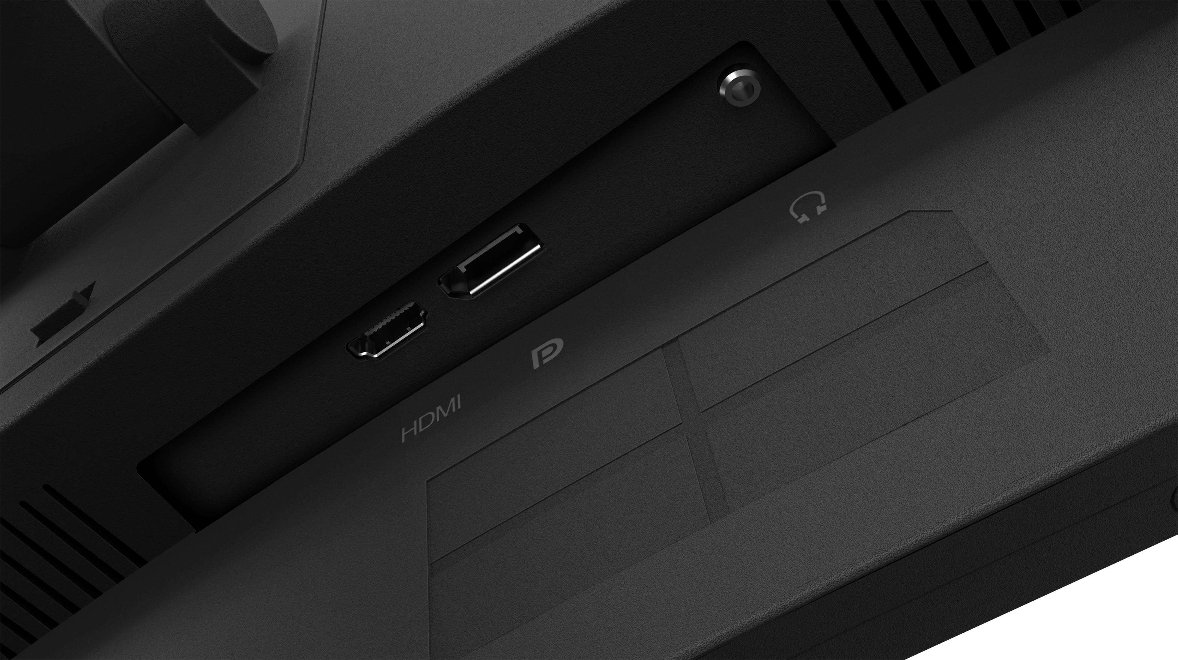 Nahaufnahme von Monitoranschlüssen, einschließlich HDMI und DisplayPort.