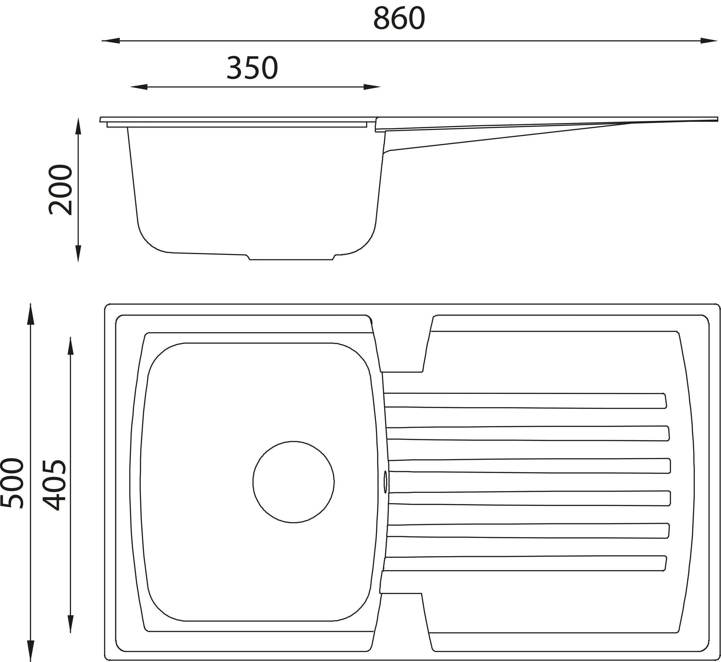 Diagramm eines Küchenspülbeckens mit Abmessungen in mm.
