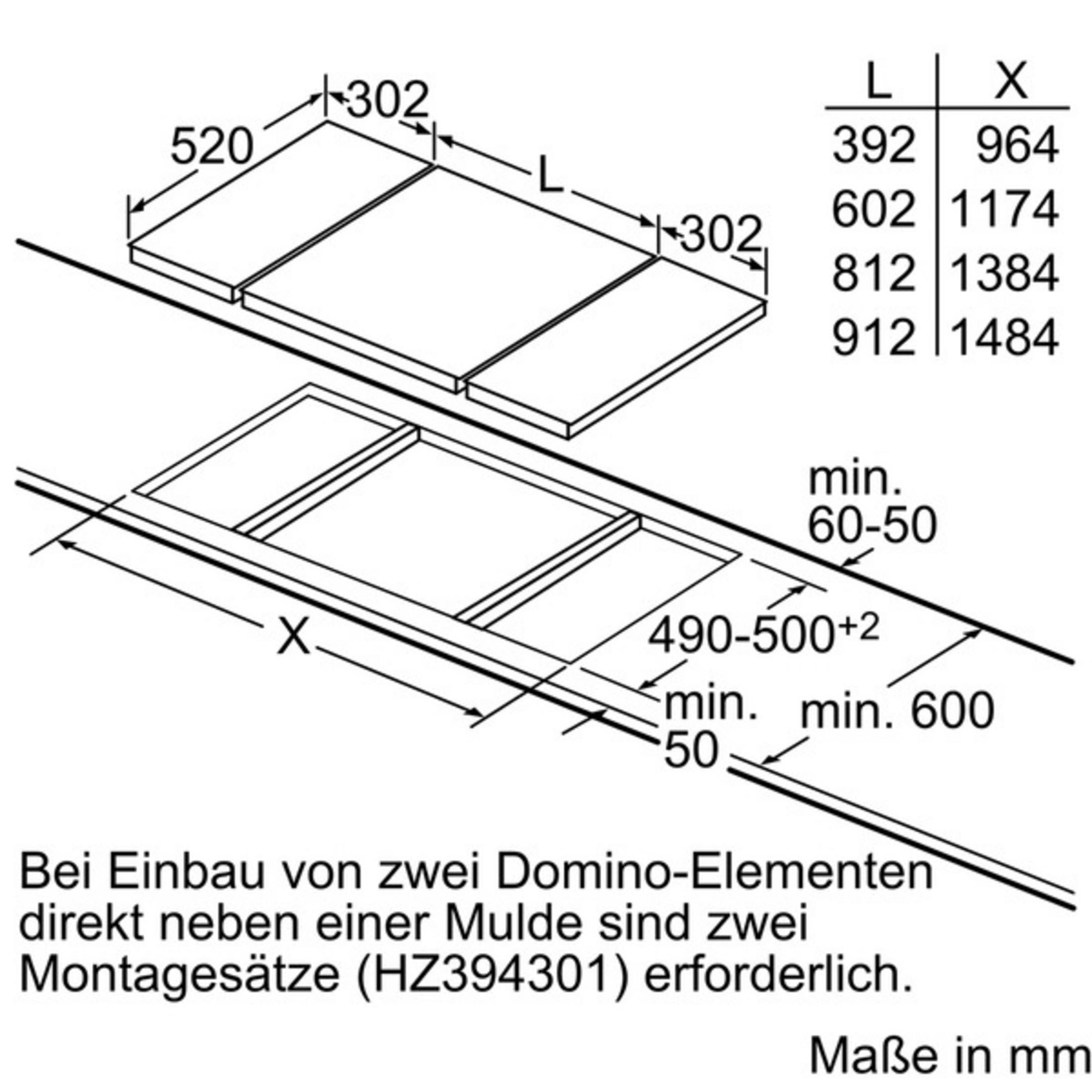 Diagramm von zwei schwarzen Induktionskochfeldern, Maße und Text auf Deutsch.