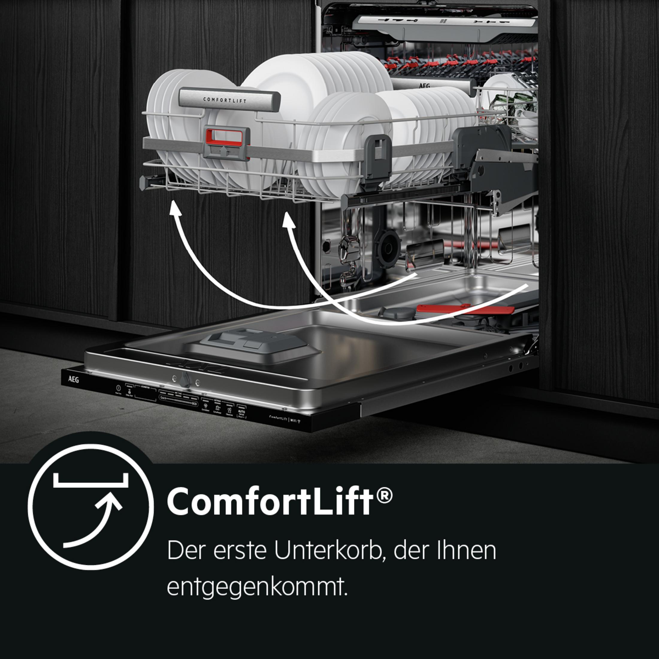 Un lave-vaisselle avec la porte ouverte, montrant les paniers et les assiettes. Une flèche indique la fonction ComfortLift.