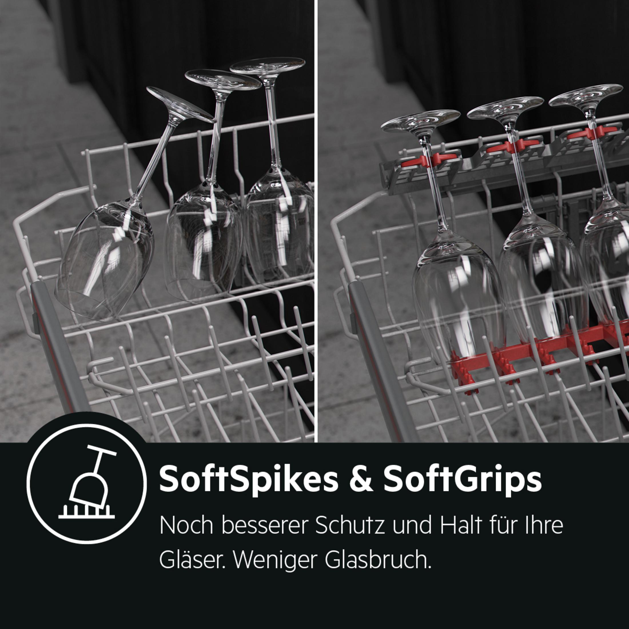 Weingläser in einem Geschirrspüler, mit roten Halterungen und Text über Soft-Grips & -Spikes.