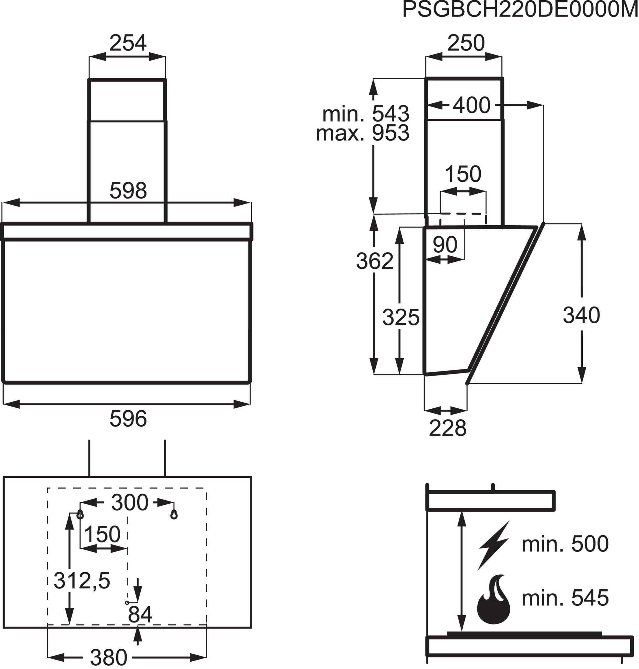 Diagramm einer Dunstabzugshaube mit Maßen und technischen Details für die Installation.