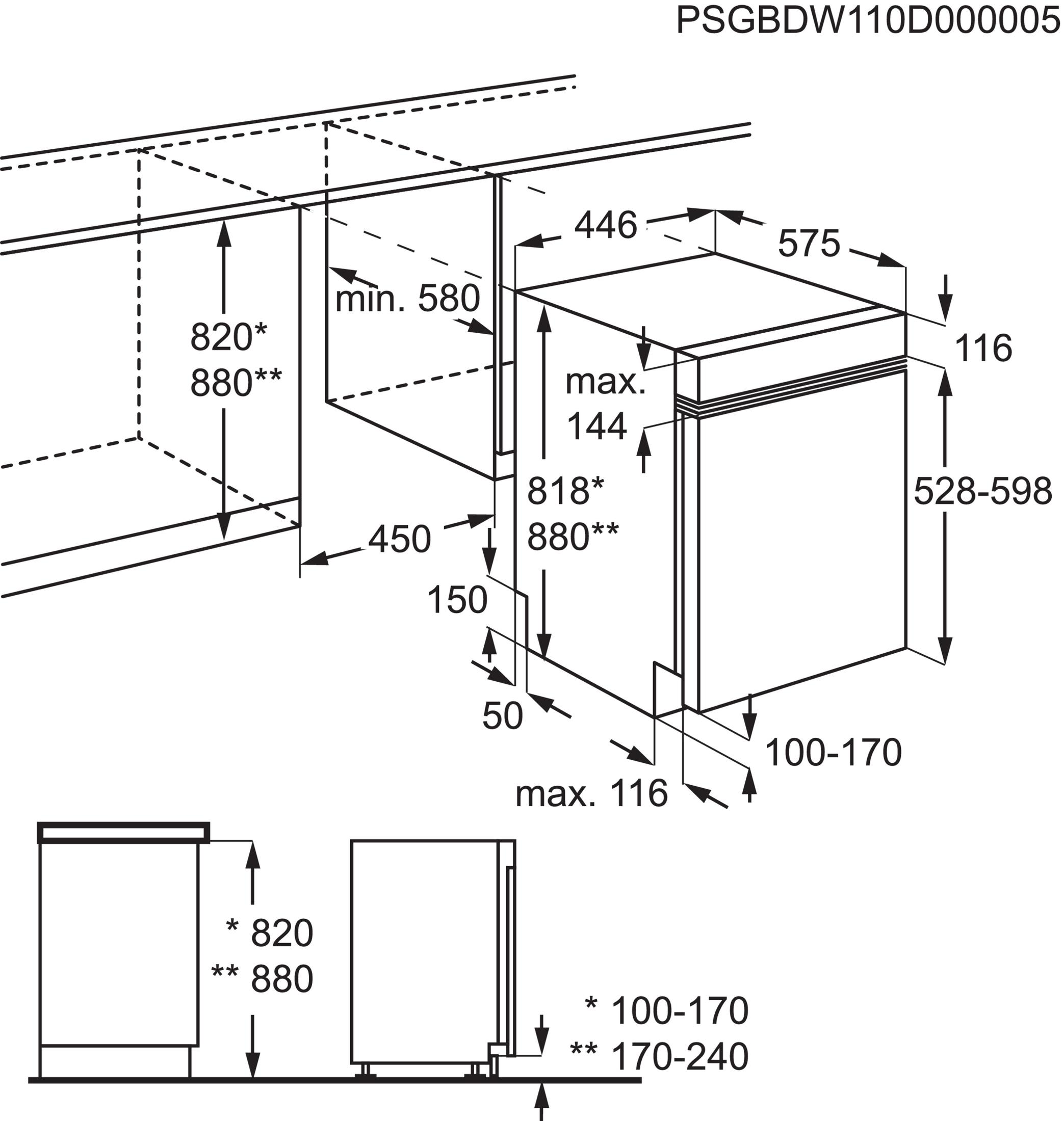 Diagramm eines Einbau-Geschirrspülers mit Abmessungen, zeigt Installationsdetails.
