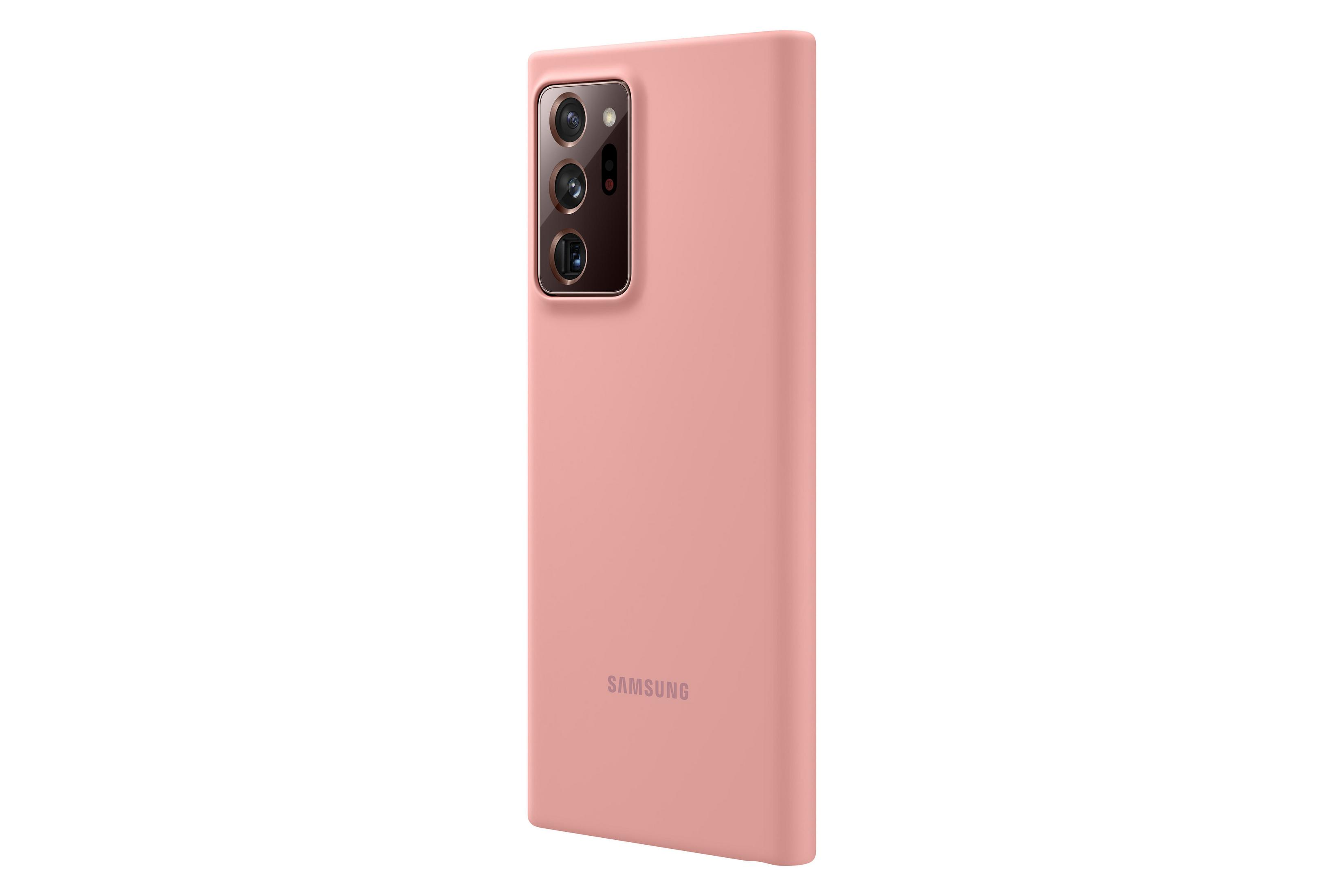 Custodia rosa per telefono Samsung. Mostra il retro con la fotocamera.
