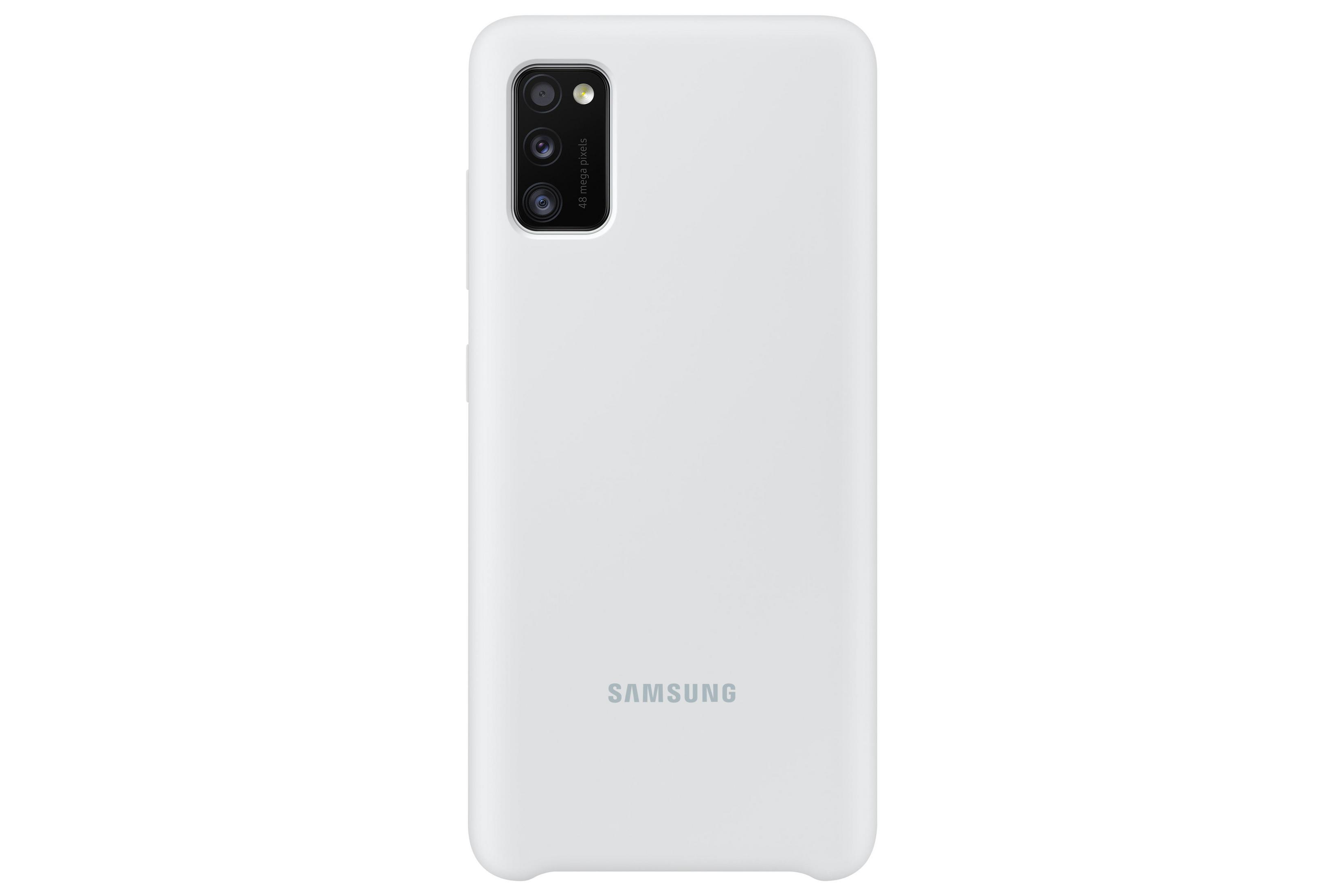 Custodia bianca per telefono Samsung con fotocamera e logo.