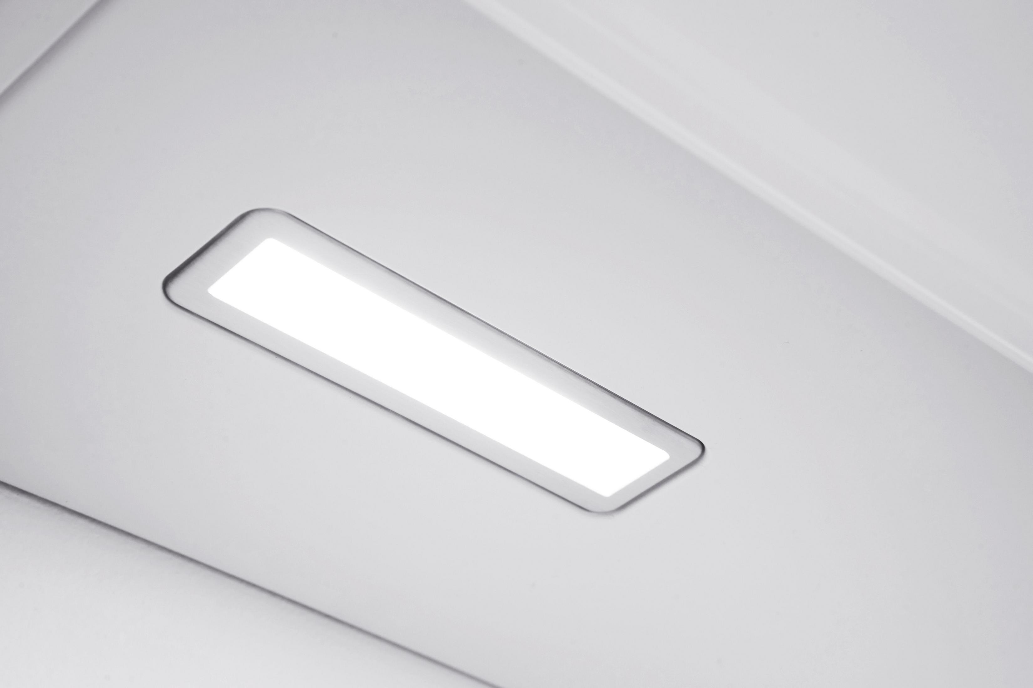 White ceiling with a rectangular light fixture, illuminated. The frame is white.