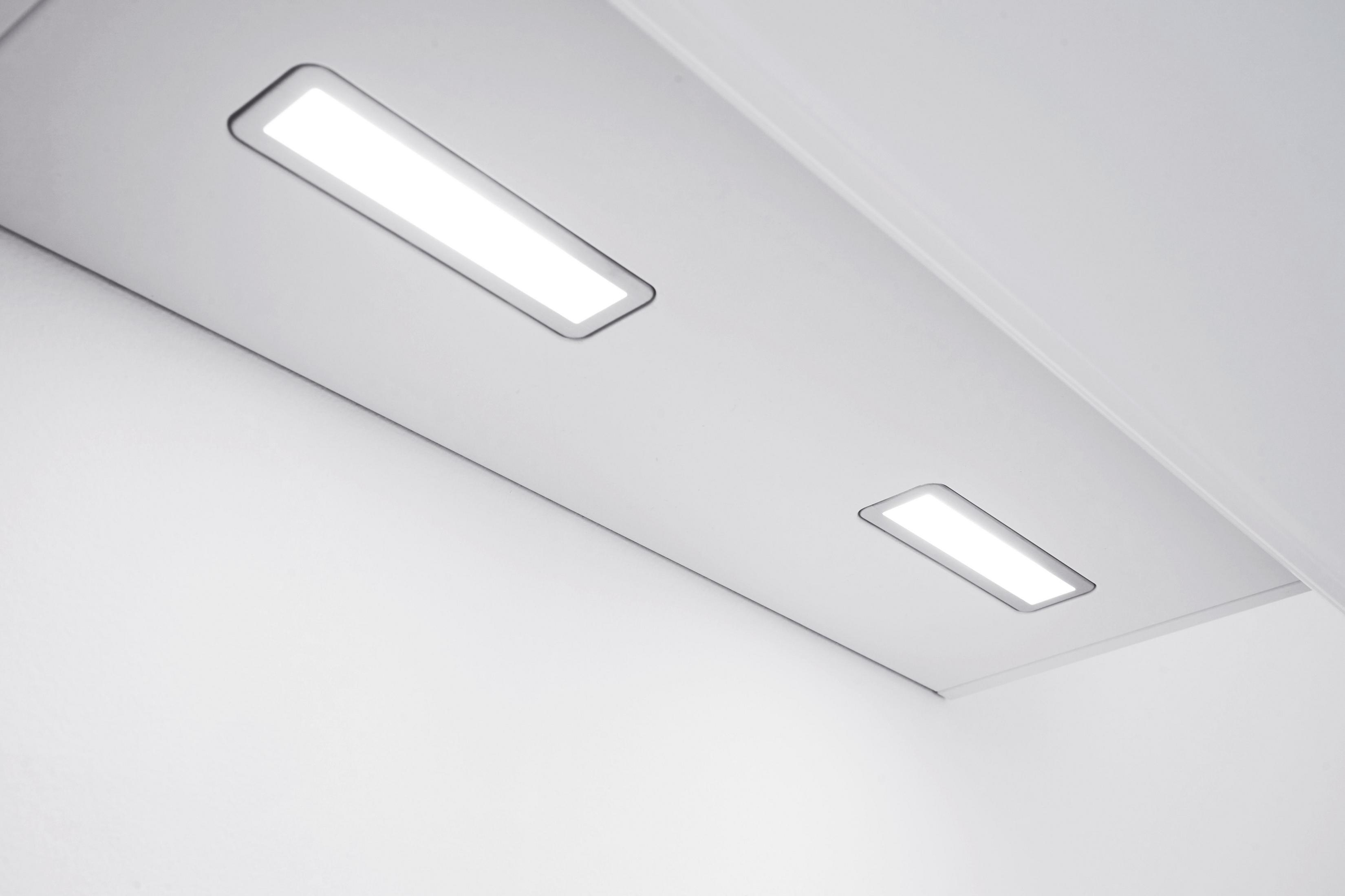 Two rectangular LED lights mounted on a white ceiling, close-up shot.