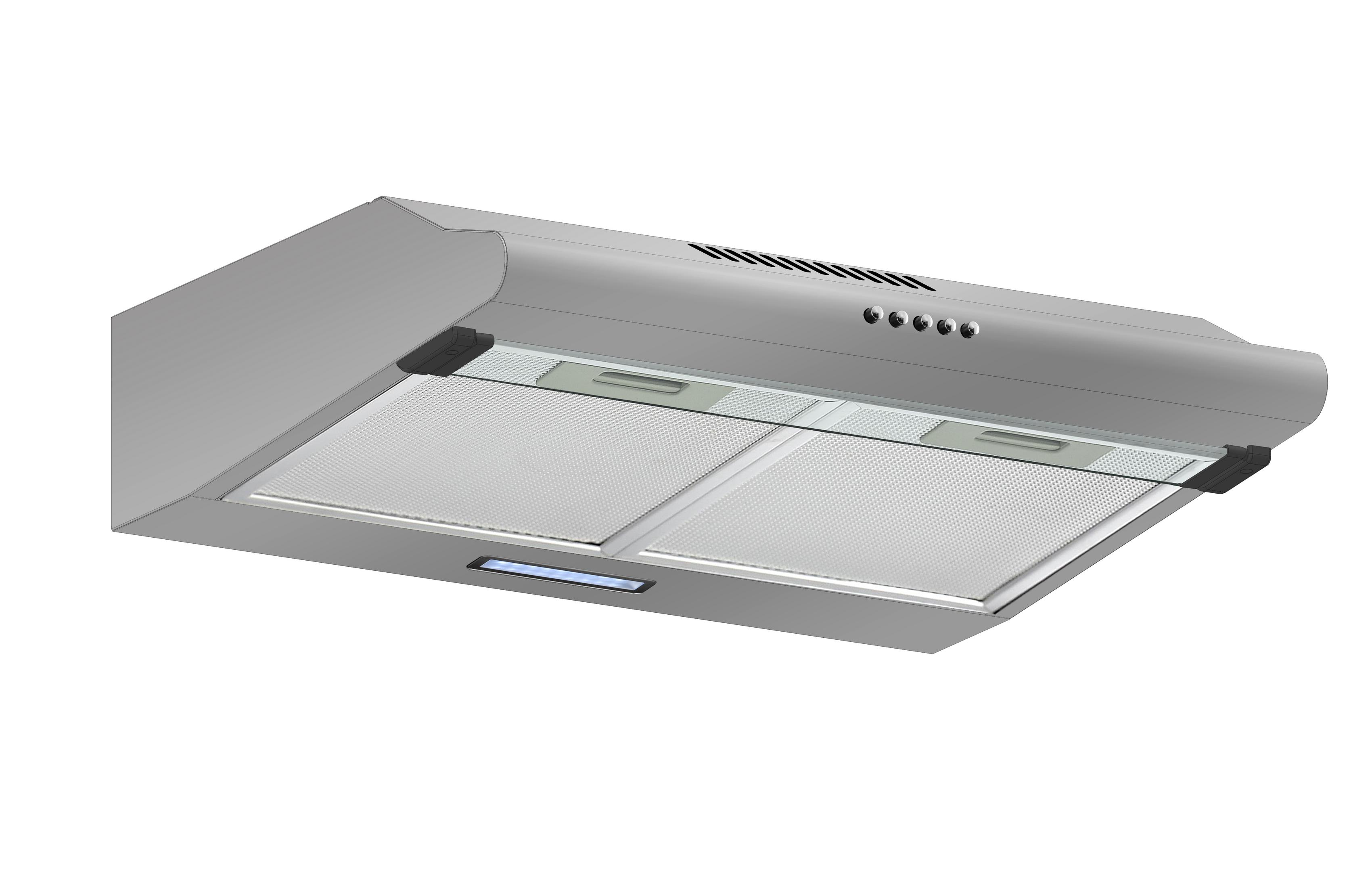 Silver range hood, angled view, isolated on white background.