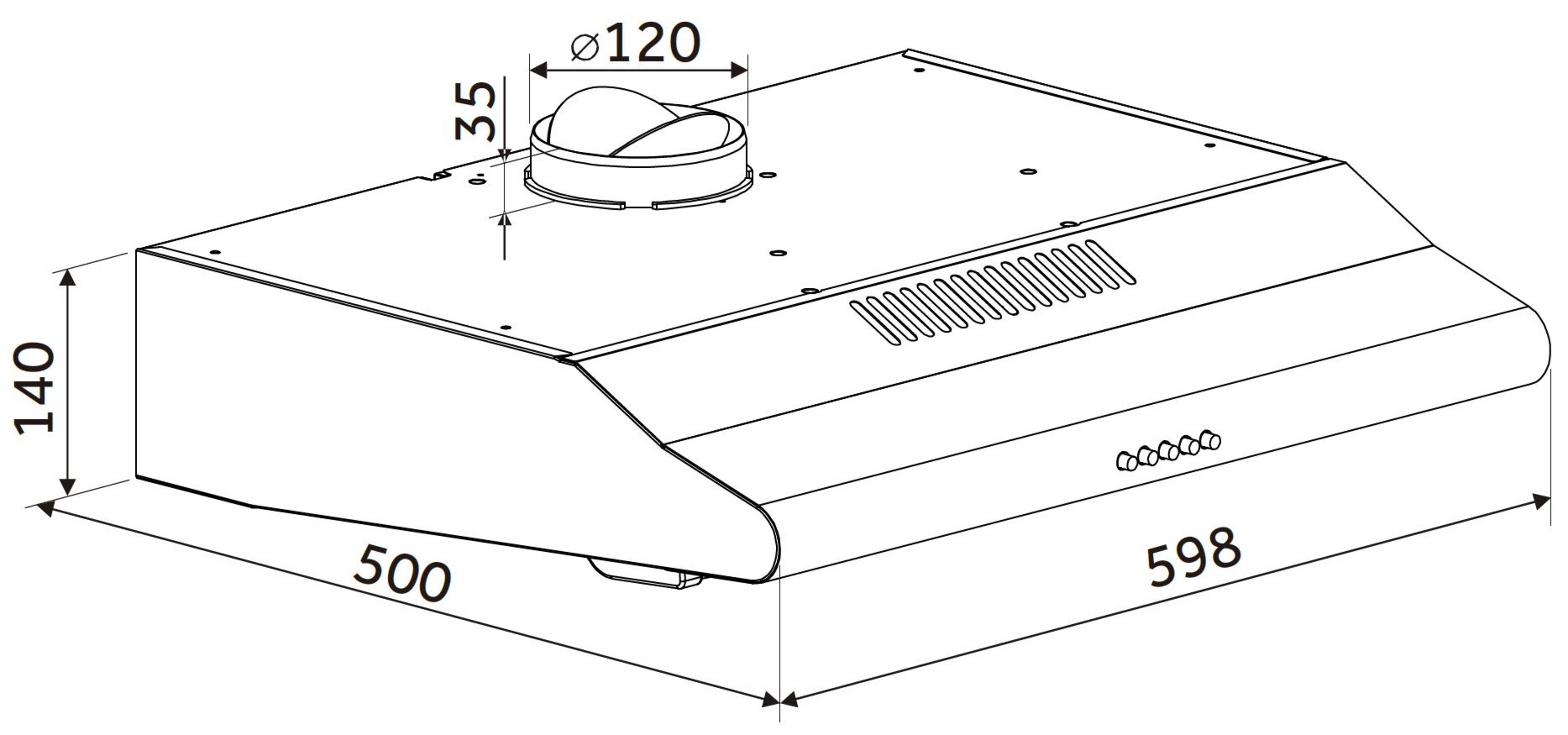 Isometrische Zeichnung einer Dunstabzugshaube mit Maßen und Details. Weißer Hintergrund, technische Details.