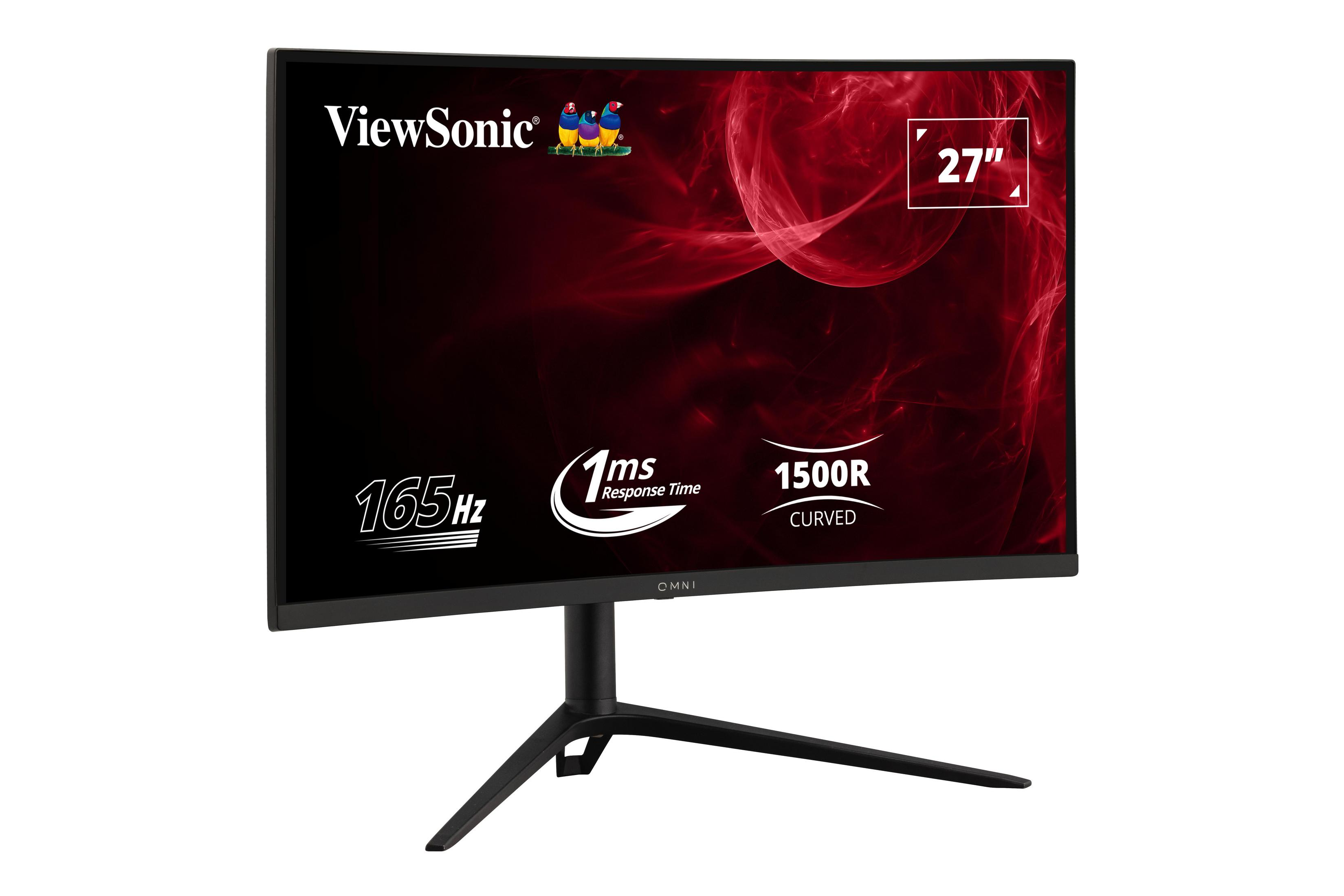 Monitor ViewSonic z zakrzywionym ekranem. Czerwone tło z tekstem: 27", 165Hz, czas reakcji 1ms.