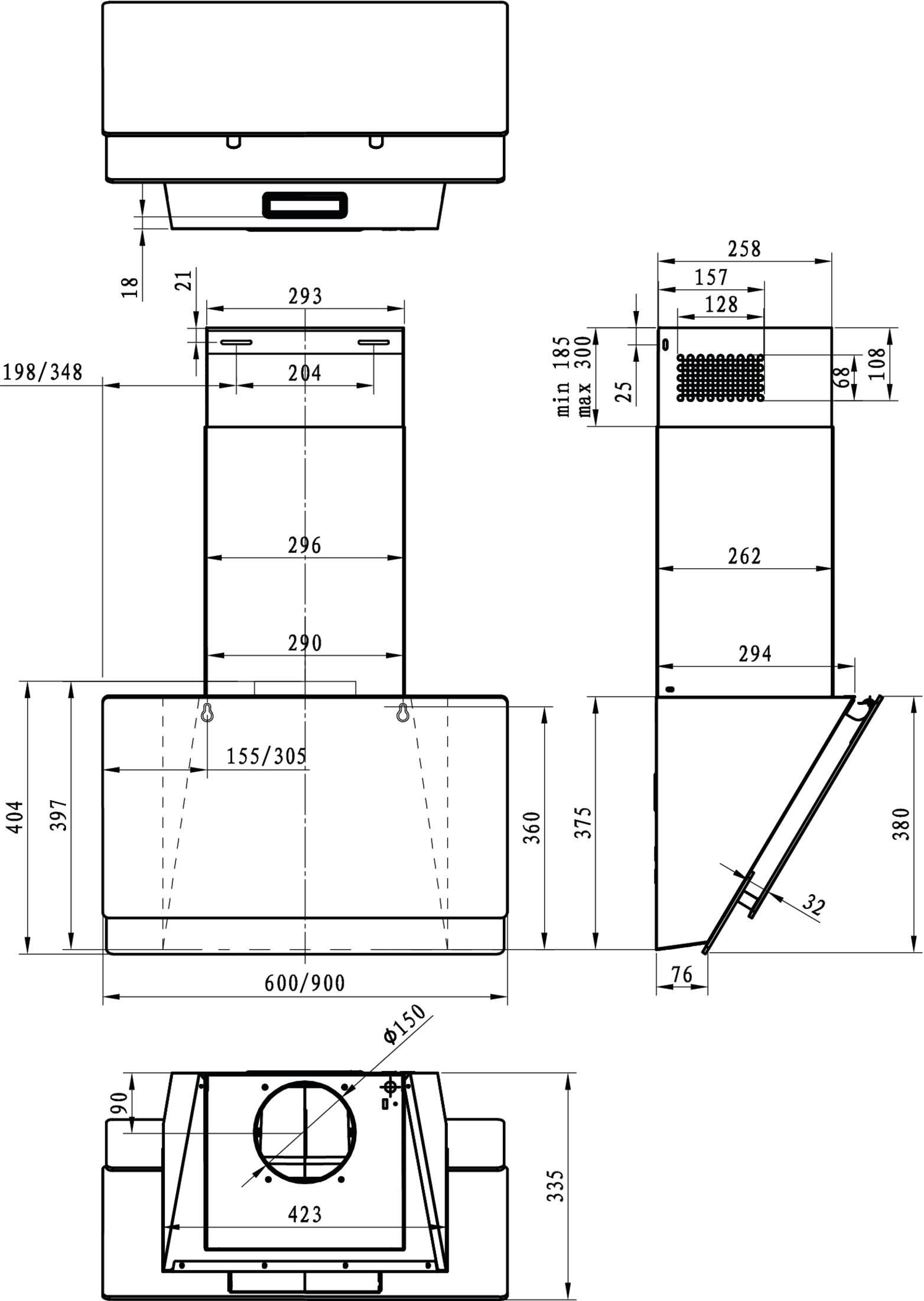 Diagramm einer Dunstabzugshaube mit Maßen.