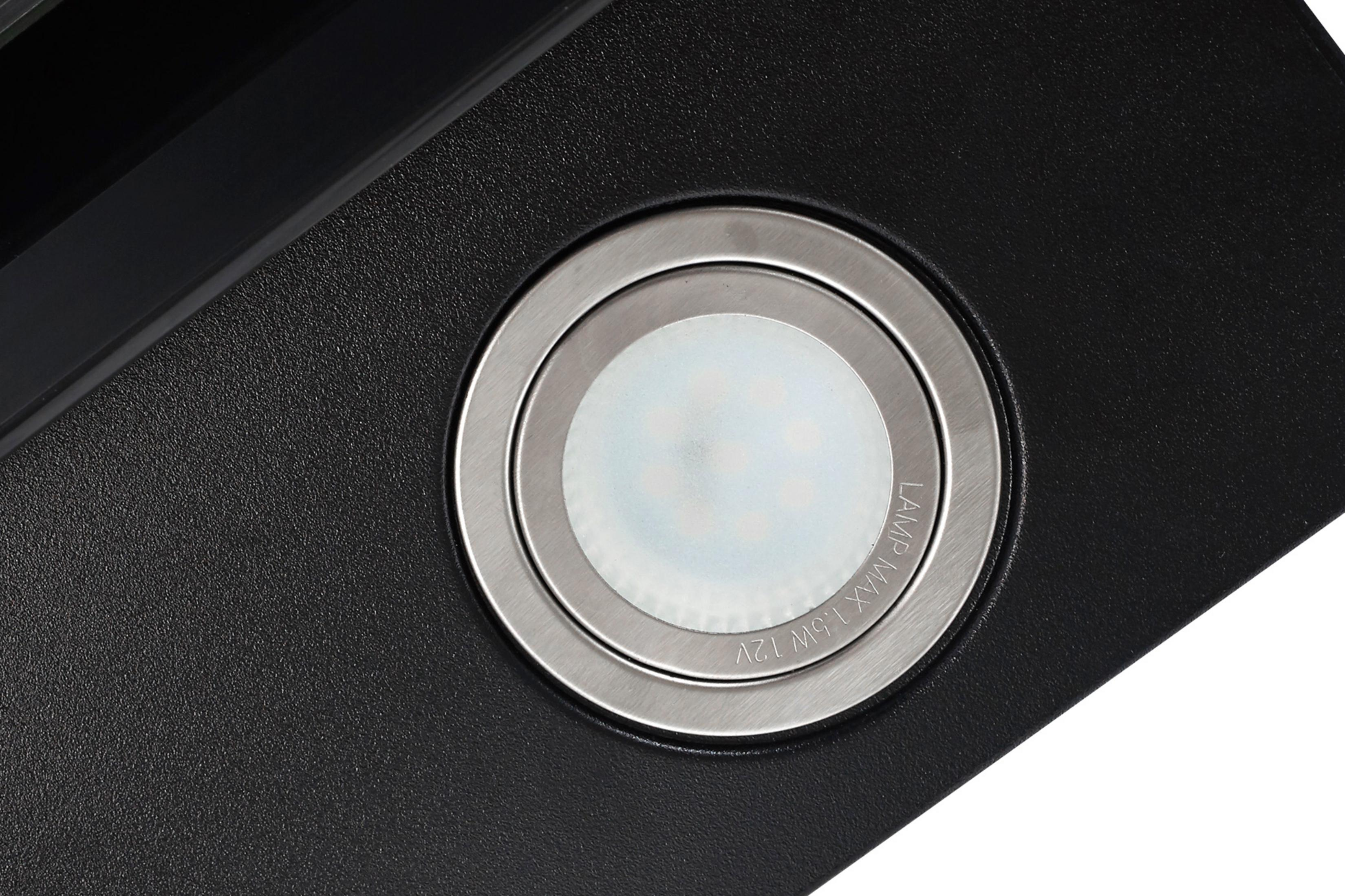 Close-up van een zwarte afzuigkap met een ronde lamp.