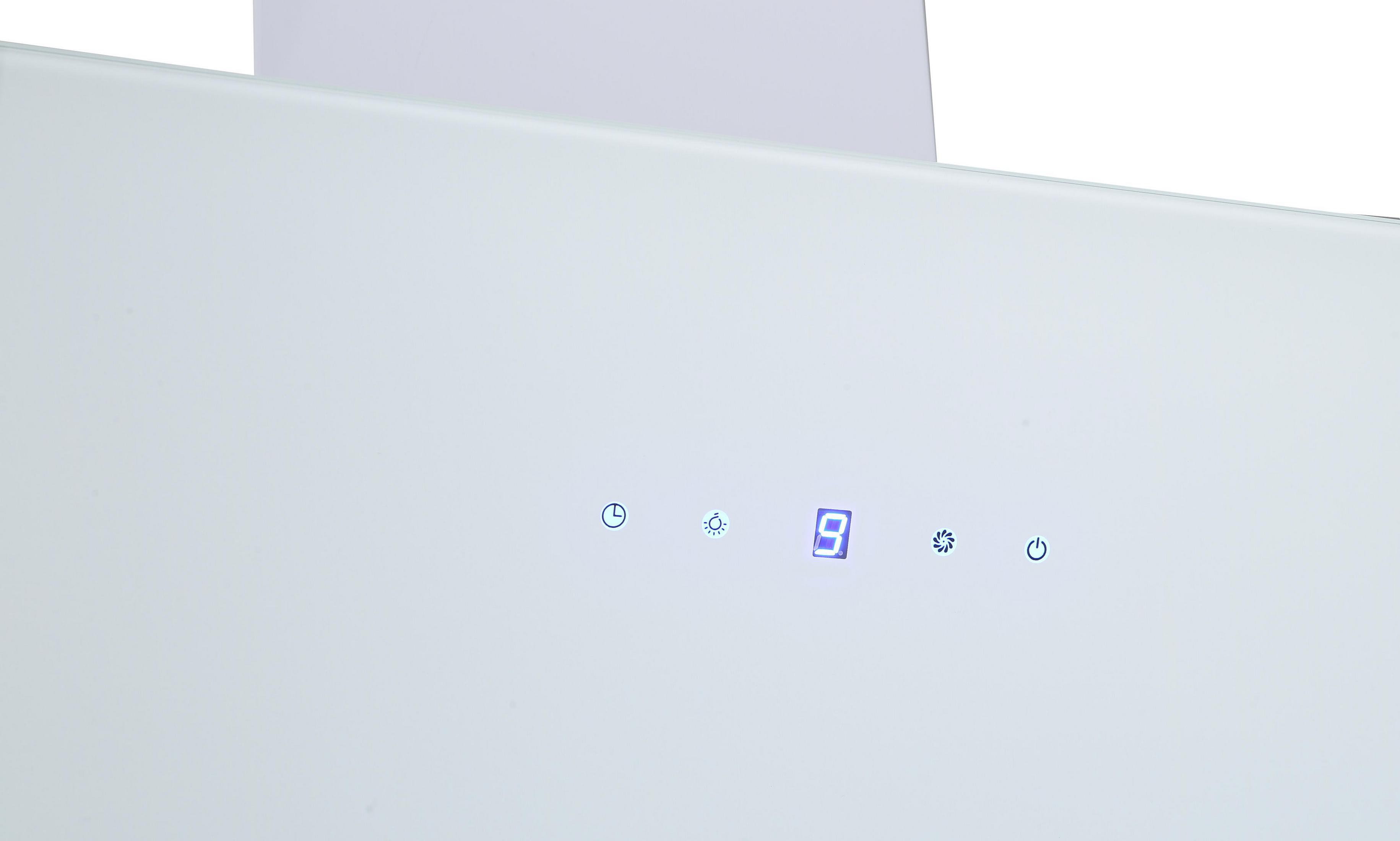 Primo piano di una cappa bianca con display digitale blu che mostra '8'.