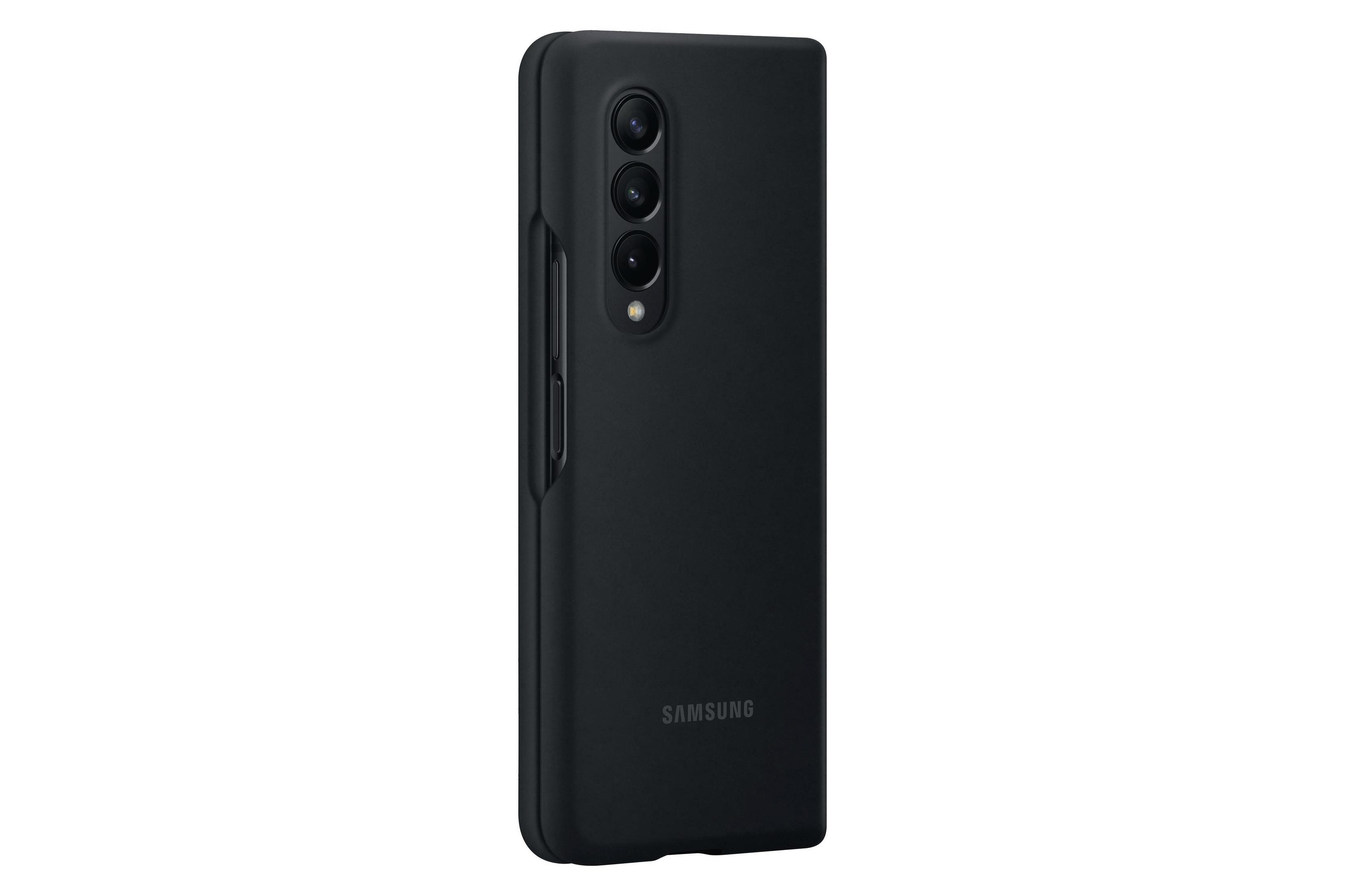 Czarny telefon Samsung Galaxy Z Fold, zamknięty, z potrójnym aparatem i logo Samsung.