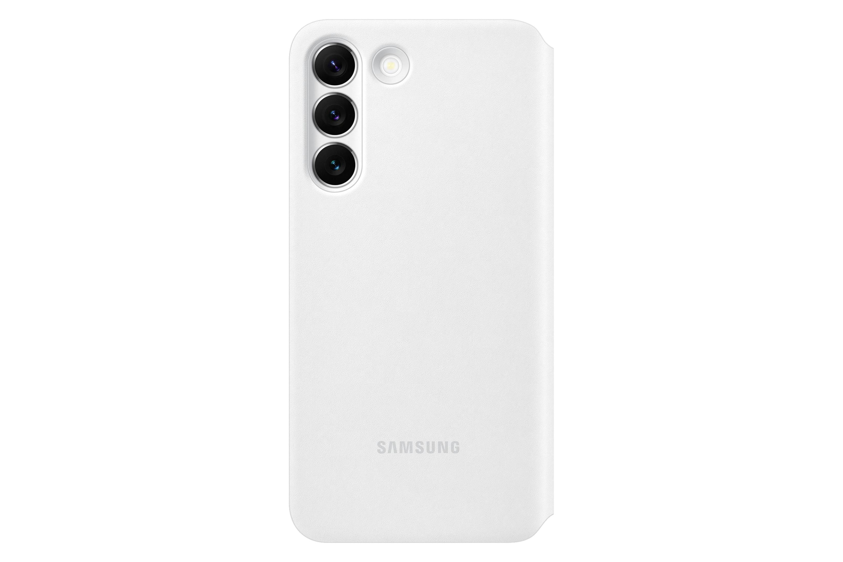 Funda blanca para teléfono con recorte para triple cámara y logo de Samsung, sobre fondo blanco.
